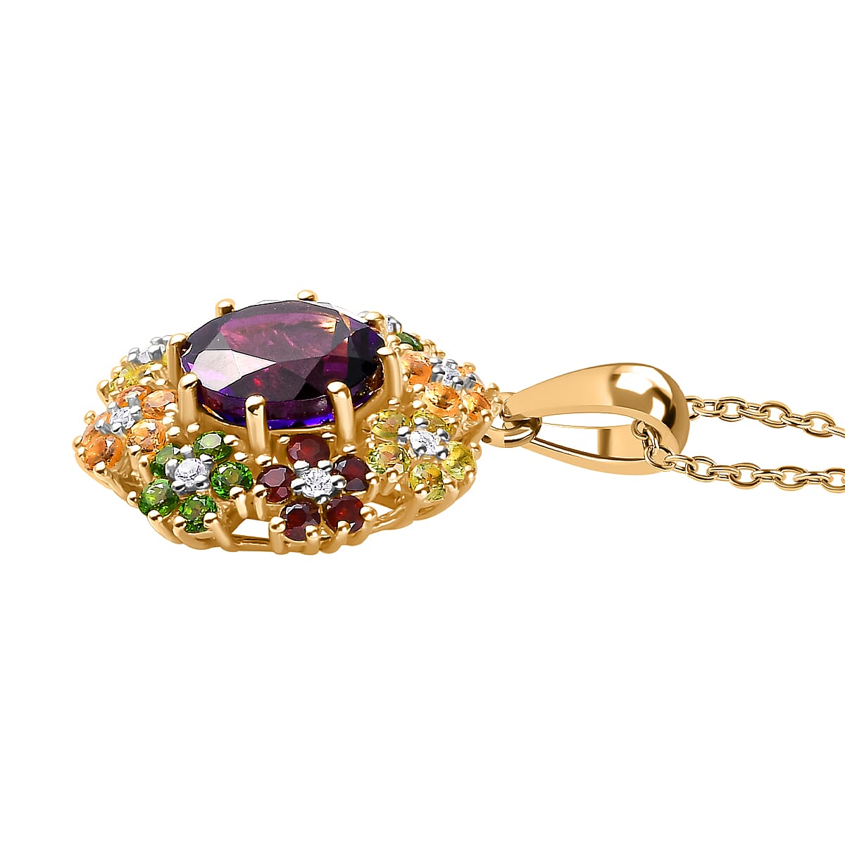 Moroccan Amethyst, Citrine, Peridot, Red Garnet, Natural Chrome Diopside, White Zircon Floral Pendant with Chain (Size 20) in 18K YG Vermeil Plated Sterling Silver 4282202 4