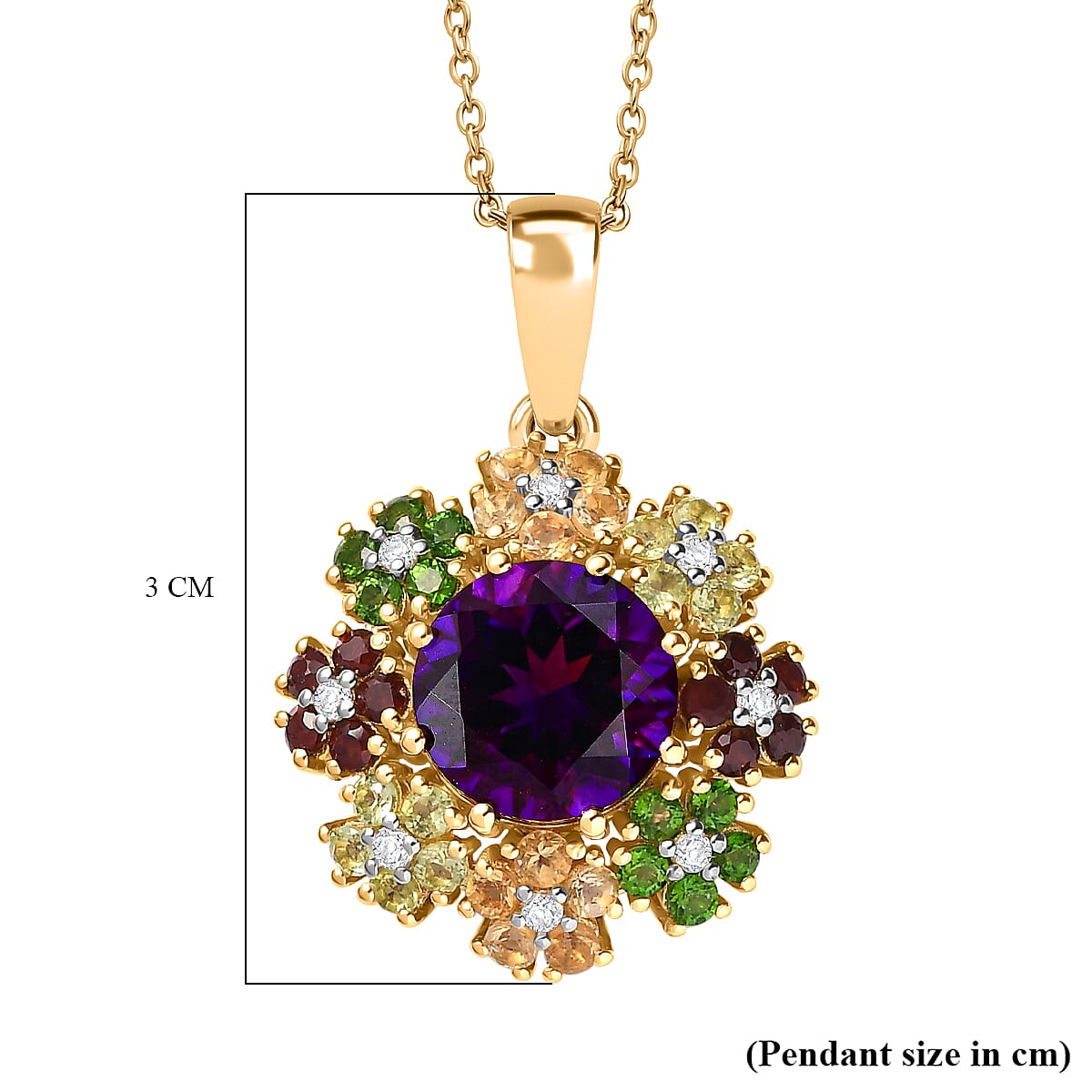 Moroccan Amethyst, Citrine, Peridot, Red Garnet, Natural Chrome Diopside, White Zircon Floral Pendant with Chain (Size 20) in 18K YG Vermeil Plated Sterling Silver 4282202 7