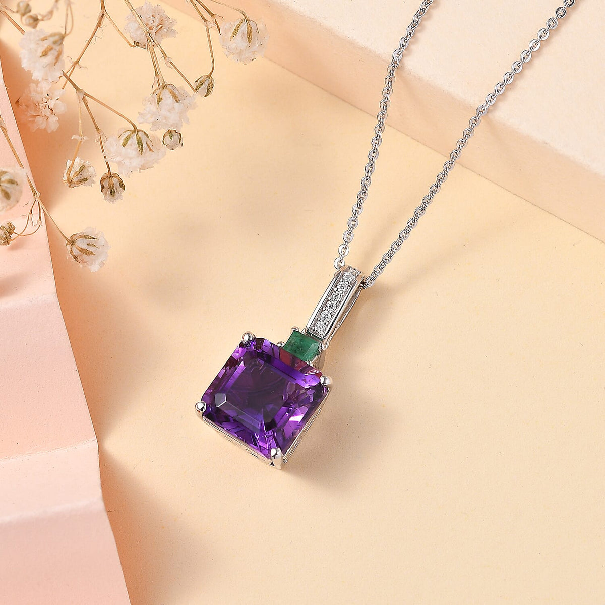 Moroccan Amethyst,  Emerald,  Moissanite Pendant with Chain (Size 20) in Rhodium Overlay Sterling Silver 4277762 1