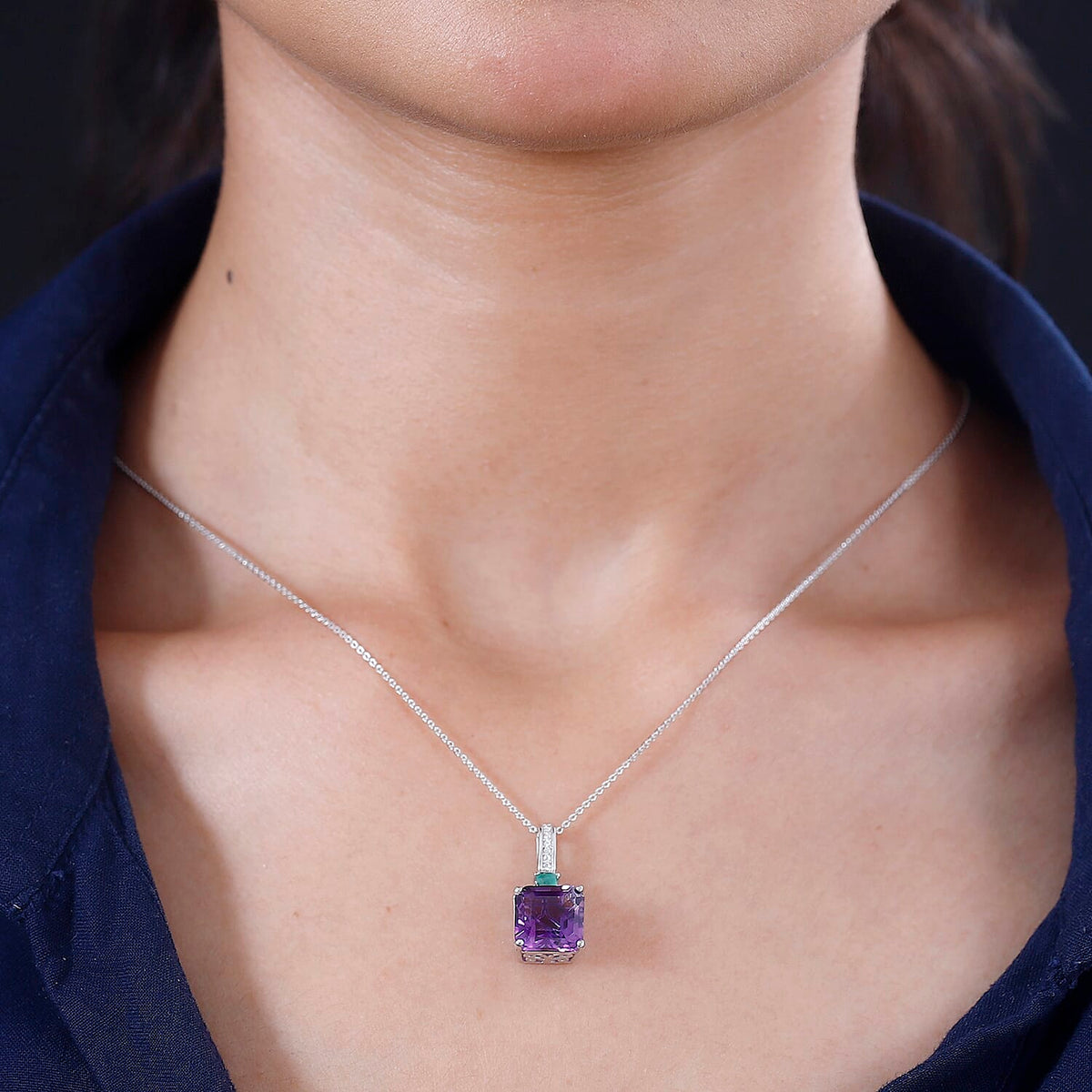 Moroccan Amethyst,  Emerald,  Moissanite Pendant with Chain (Size 20) in Rhodium Overlay Sterling Silver 4277762 2