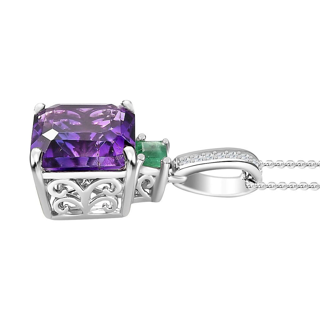 Moroccan Amethyst, Emerald & Moissanite Pendant with Chain (Size 20) in Rhodium Overlay Sterling Silver 4.90 Ct.