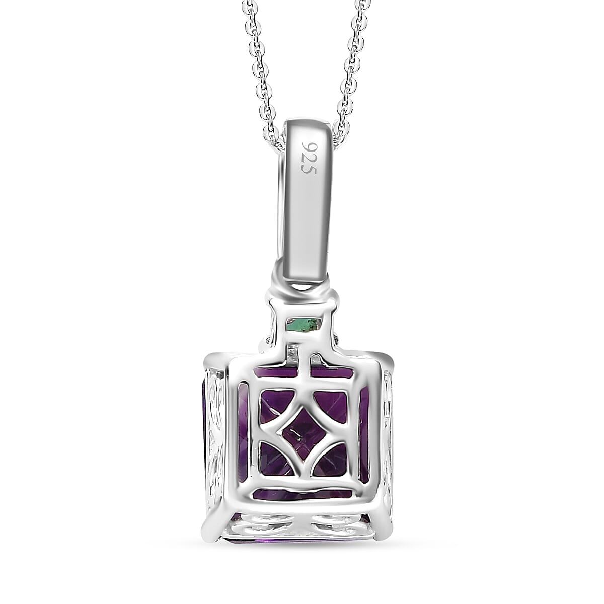 Moroccan Amethyst,  Emerald,  Moissanite Pendant with Chain (Size 20) in Rhodium Overlay Sterling Silver 4277762 4
