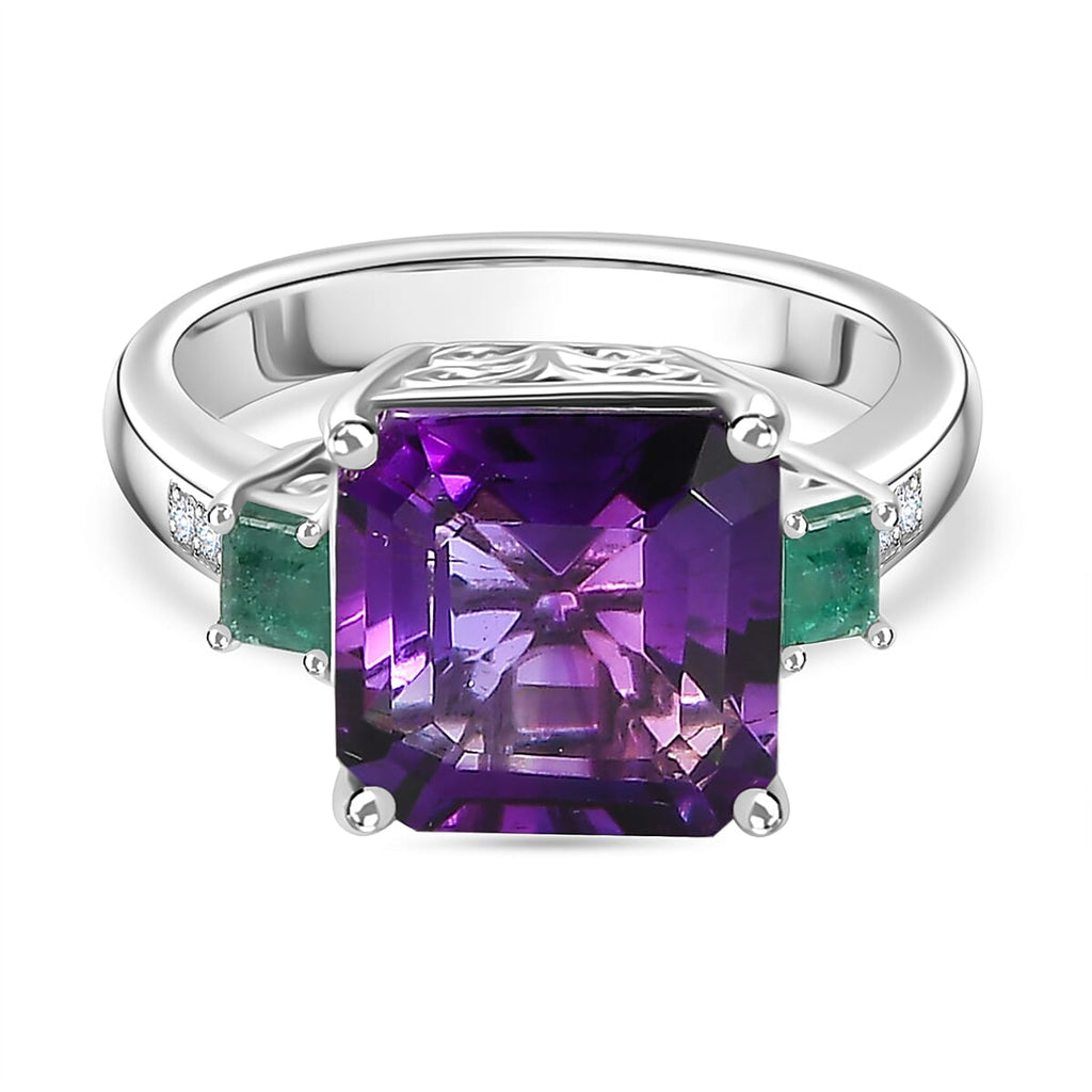 Moroccan Amethyst, Emerald & Moissanite Ring in Rhodium Overlay Sterling Silver