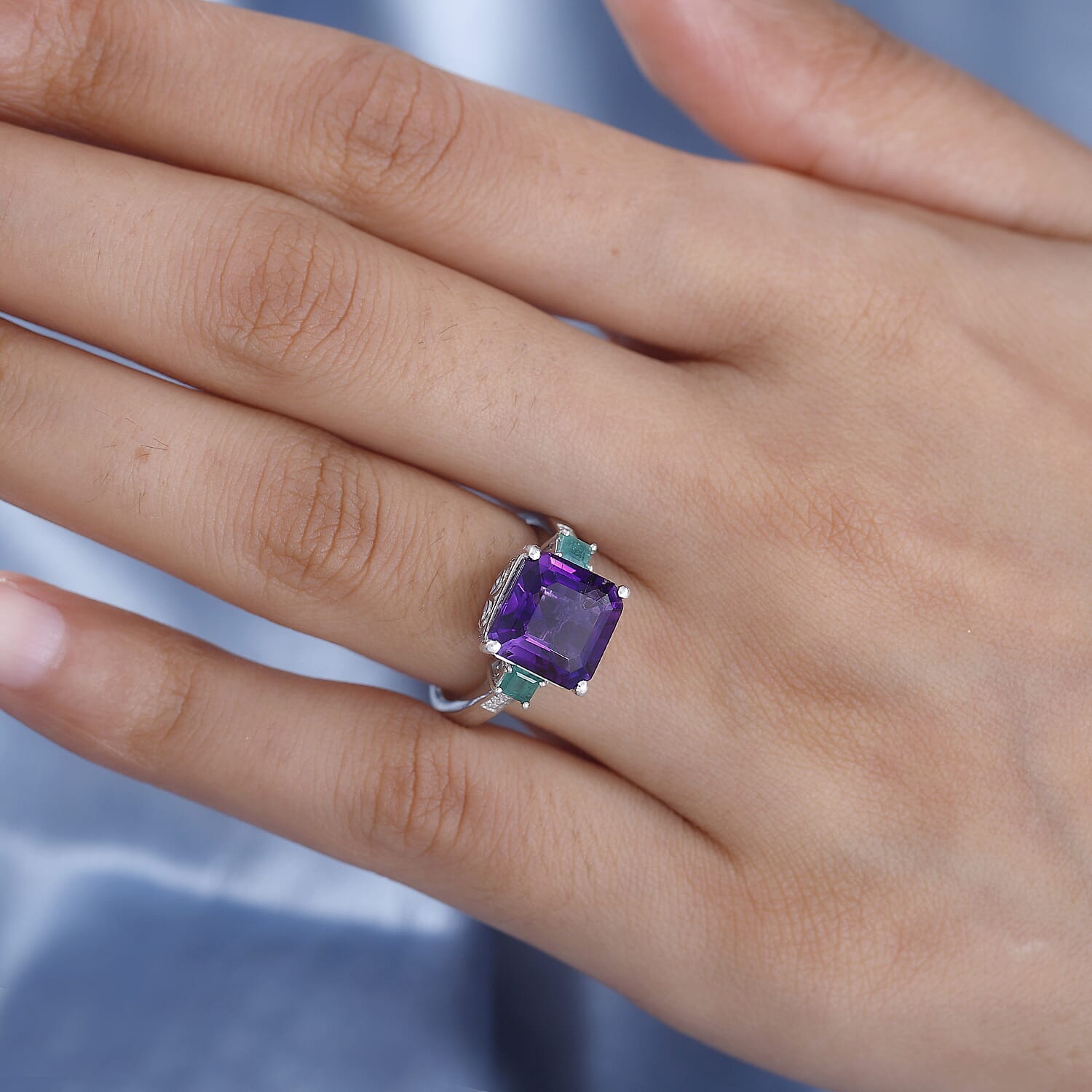 Moroccan Amethyst, Emerald, and Moissanite Solitaire Ring in Rhodium Overlay Sterling Silver,  4.966  Ct. 7795700 2
