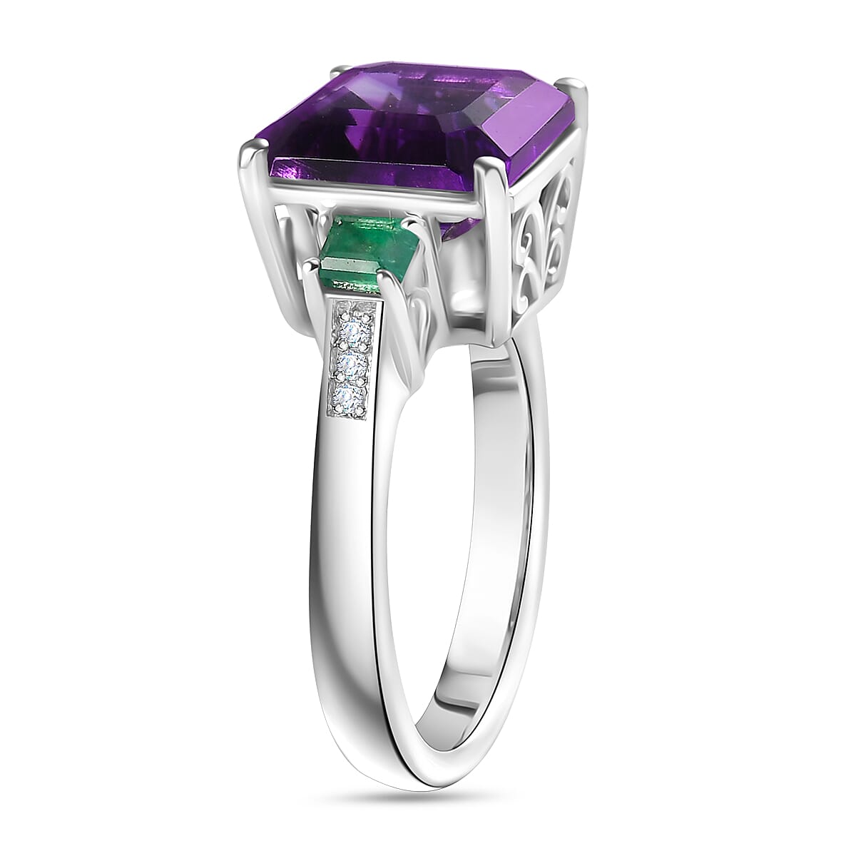 Moroccan Amethyst, Emerald, and Moissanite Solitaire Ring in Rhodium Overlay Sterling Silver,  4.966  Ct. 7795700 3