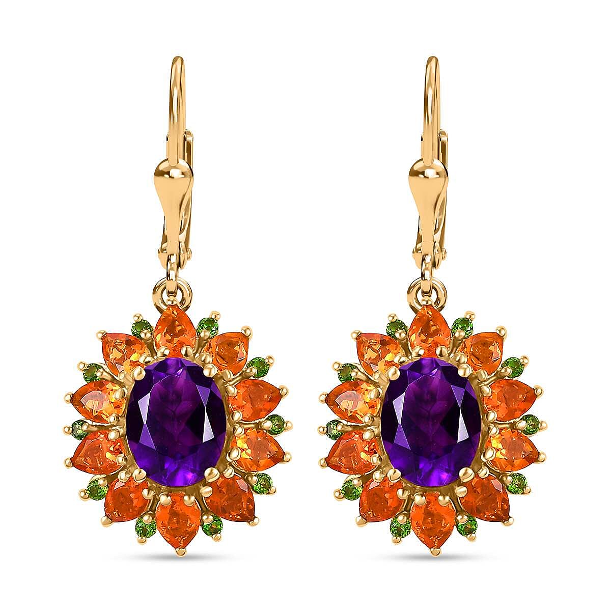 Moroccan Amethyst, Fire Opal and Natural Chrome Diopside Floral Halo Earrings in 18K Vermeil Yellow Gold Plated Sterling Silver 6.15 Ct 7857377 0