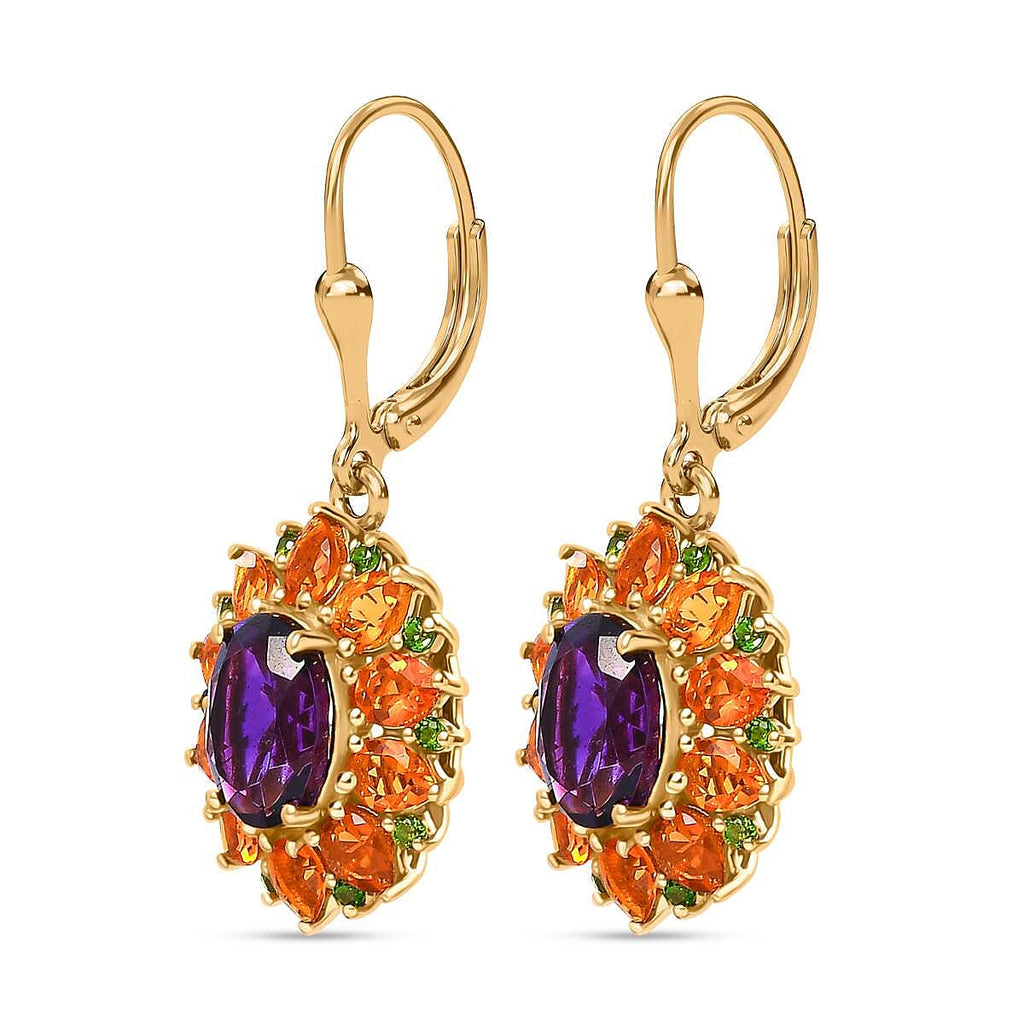 Moroccan Amethyst , Fire Opal & Natural Chrome Diopside Cluster Earrings With LLever Back in 18K Vermeil Yellow Gold Plated 6.15 Ct