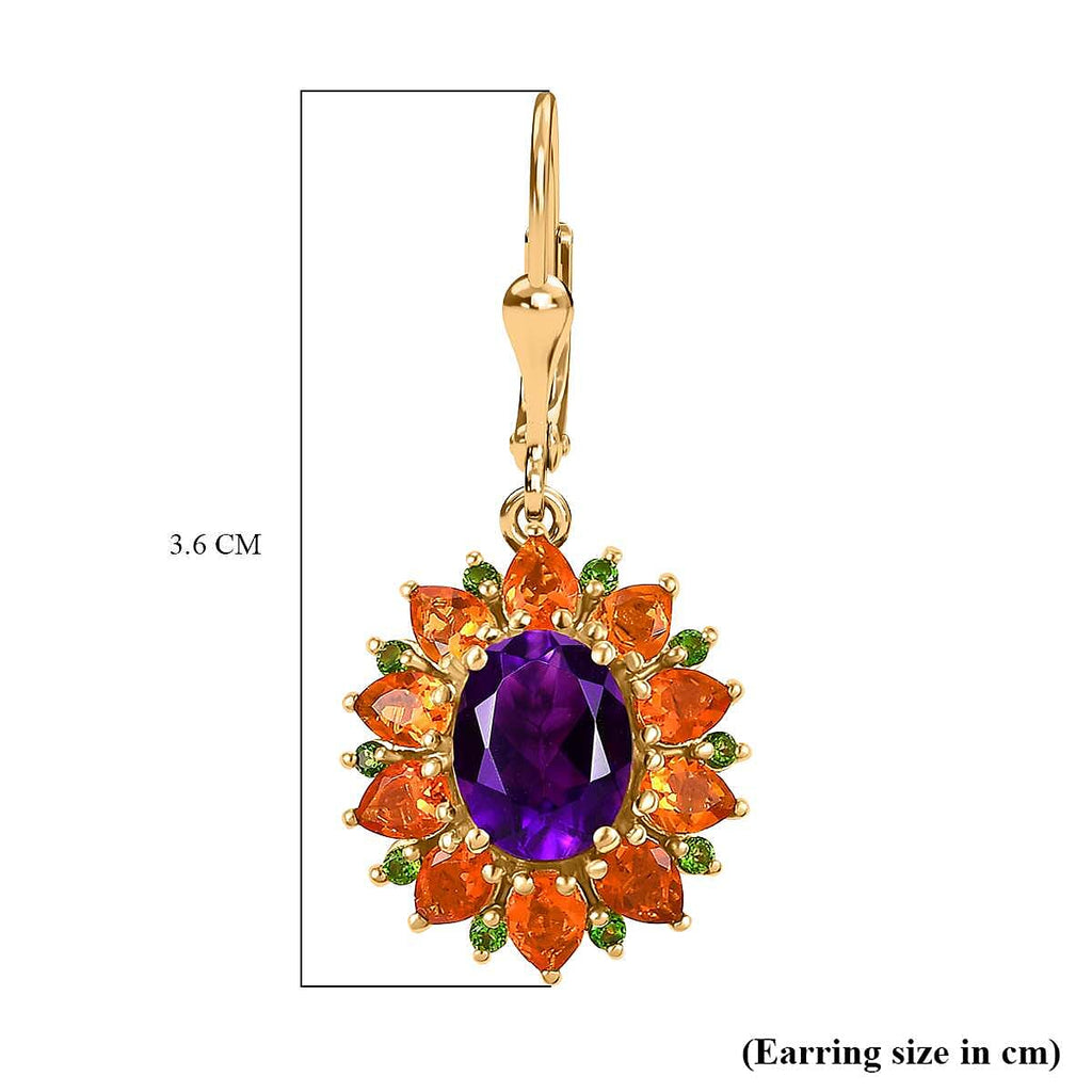 Moroccan Amethyst , Fire Opal & Natural Chrome Diopside Cluster Earrings With LLever Back in 18K Vermeil Yellow Gold Plated 6.15 Ct