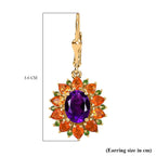 Moroccan Amethyst , Fire Opal & Natural Chrome Diopside Cluster Earrings With LLever Back in 18K Vermeil Yellow Gold Plated 6.15 Ct