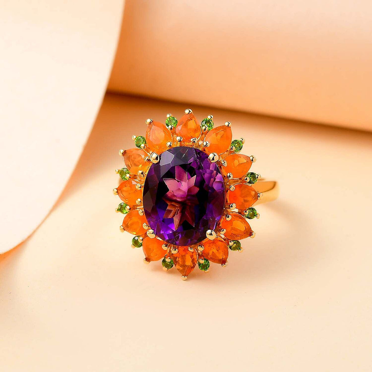 Moroccan Amethyst, Fire Opal and Natural Chrome Diopside Floral Halo Ring in 18K Vermeil Yellow Gold Plated Sterling Silver 7857353 2
