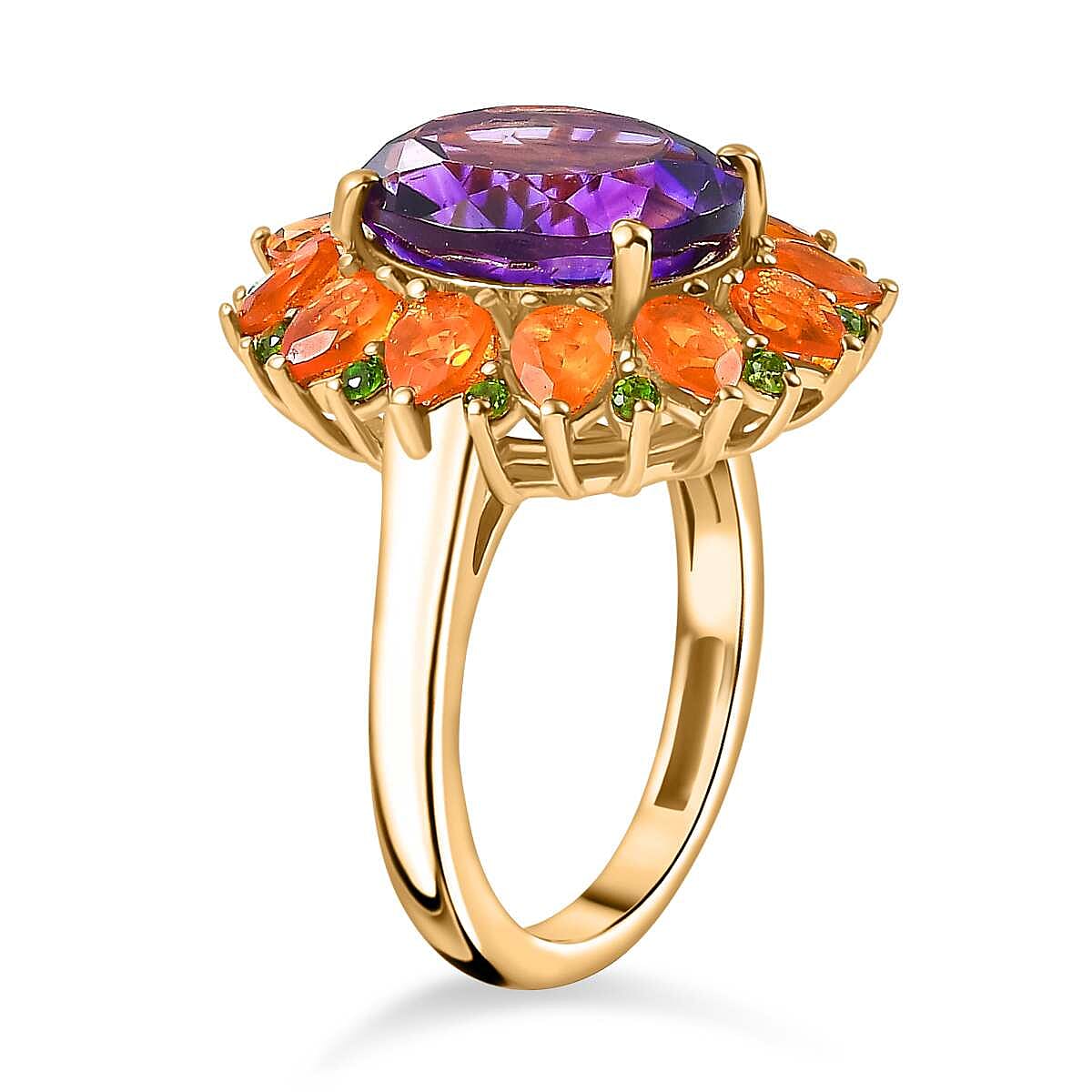 Moroccan Amethyst, Fire Opal and Natural Chrome Diopside Floral Halo Ring in 18K Vermeil Yellow Gold Plated Sterling Silver 7857353 4