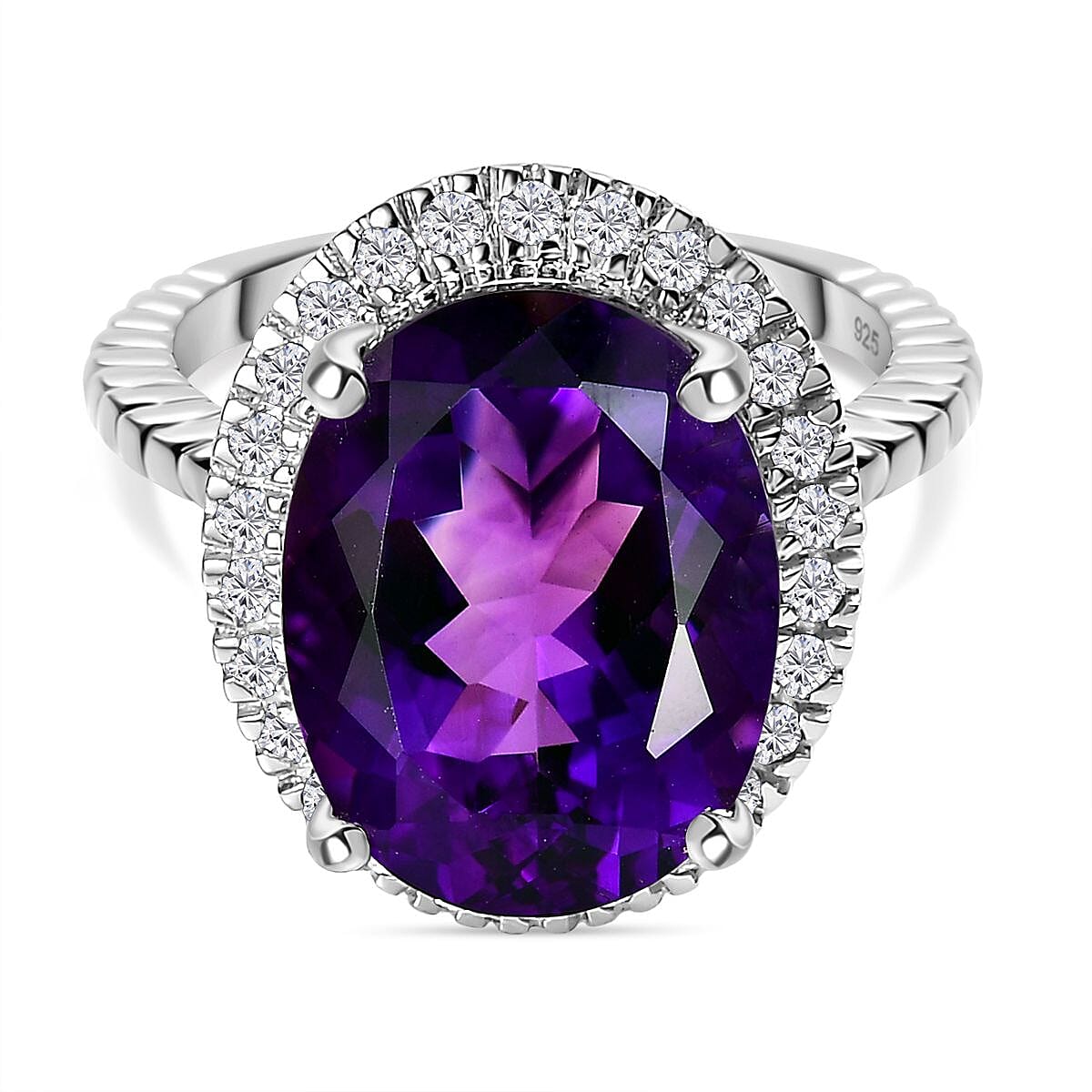 Moroccan Amethyst, Moissanite Halo Ring in Rhodium Overlay Sterling Silver 9.45 ct. 7802619 0