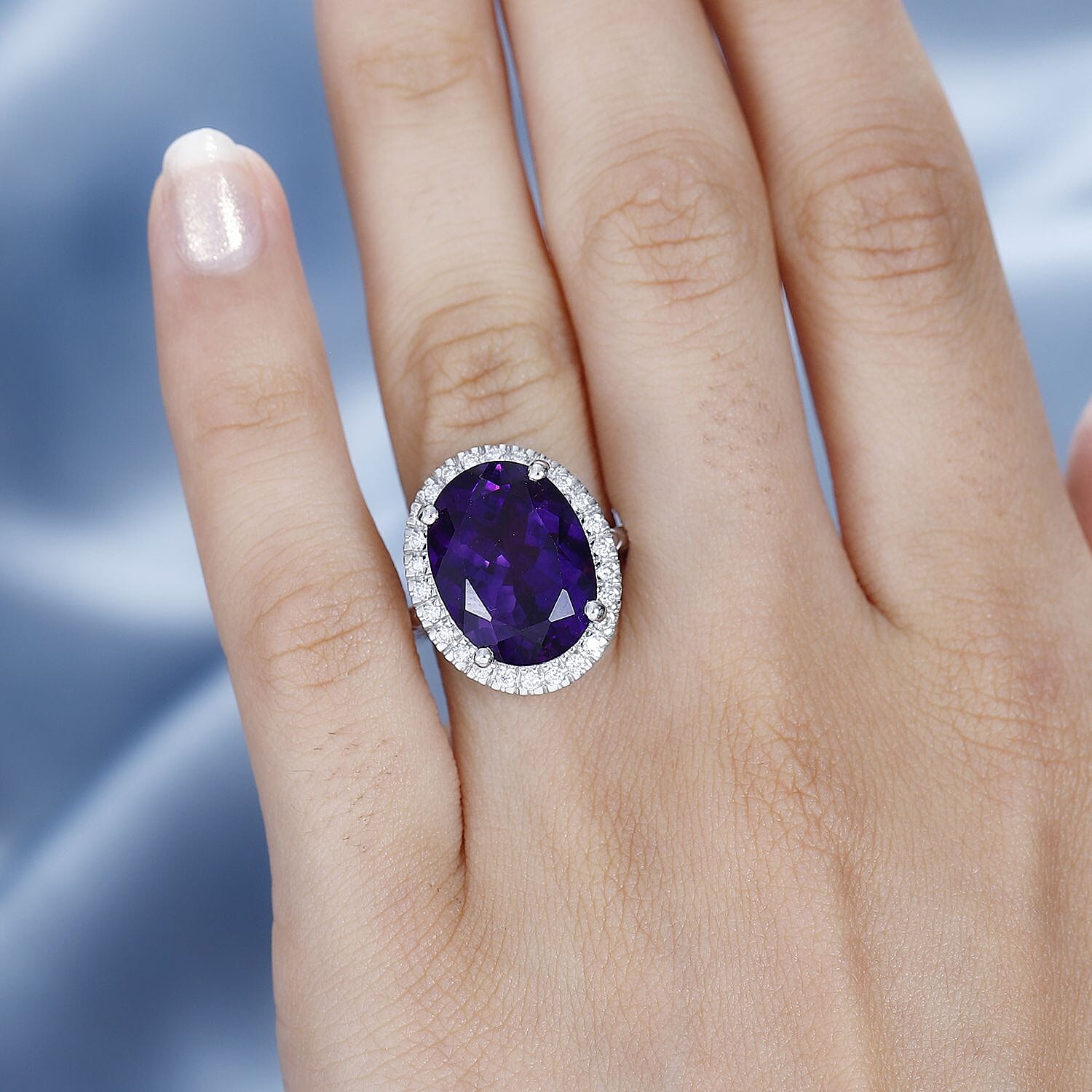 Moroccan Amethyst, Moissanite Halo Ring in Rhodium Overlay Sterling Silver 9.45 ct. 7802619 2