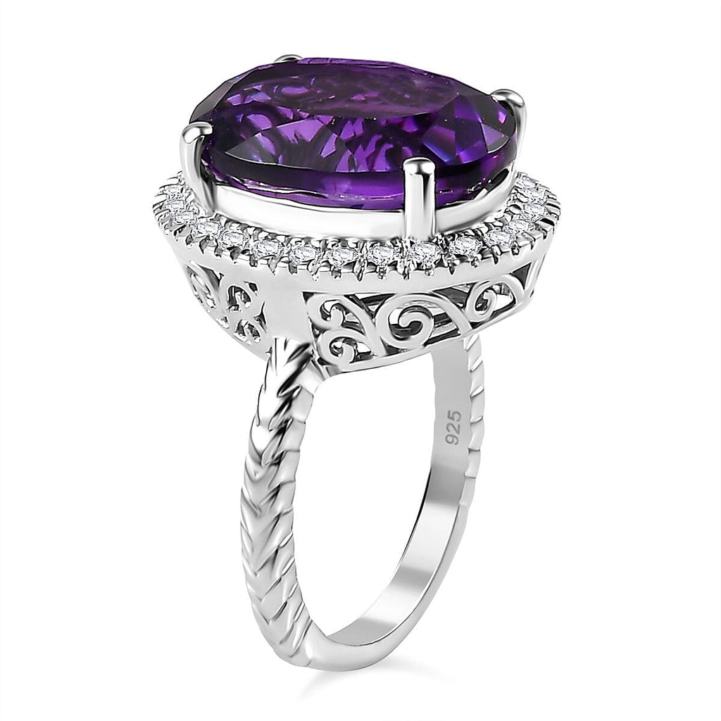 Moroccan Amethyst & Moissanite Ring in Rhodium Overlay Sterling Silver 9.45 Ct.