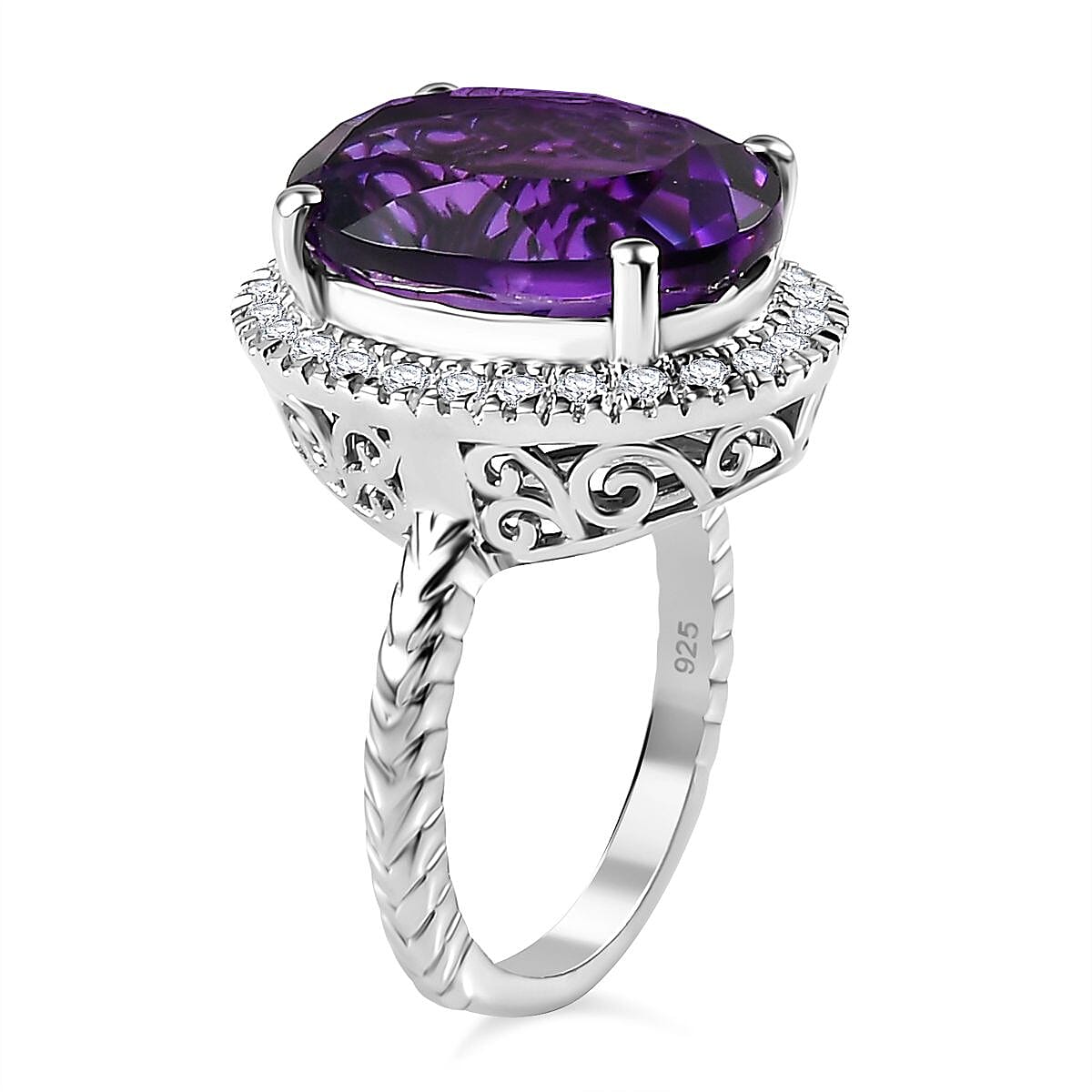 Moroccan Amethyst, Moissanite Halo Ring in Rhodium Overlay Sterling Silver 9.45 ct. 7802619 3