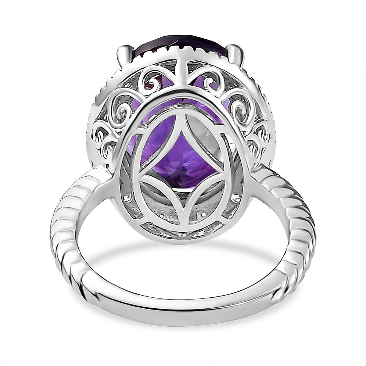 Moroccan Amethyst, Moissanite Halo Ring in Rhodium Overlay Sterling Silver 9.45 ct. 7802619 4
