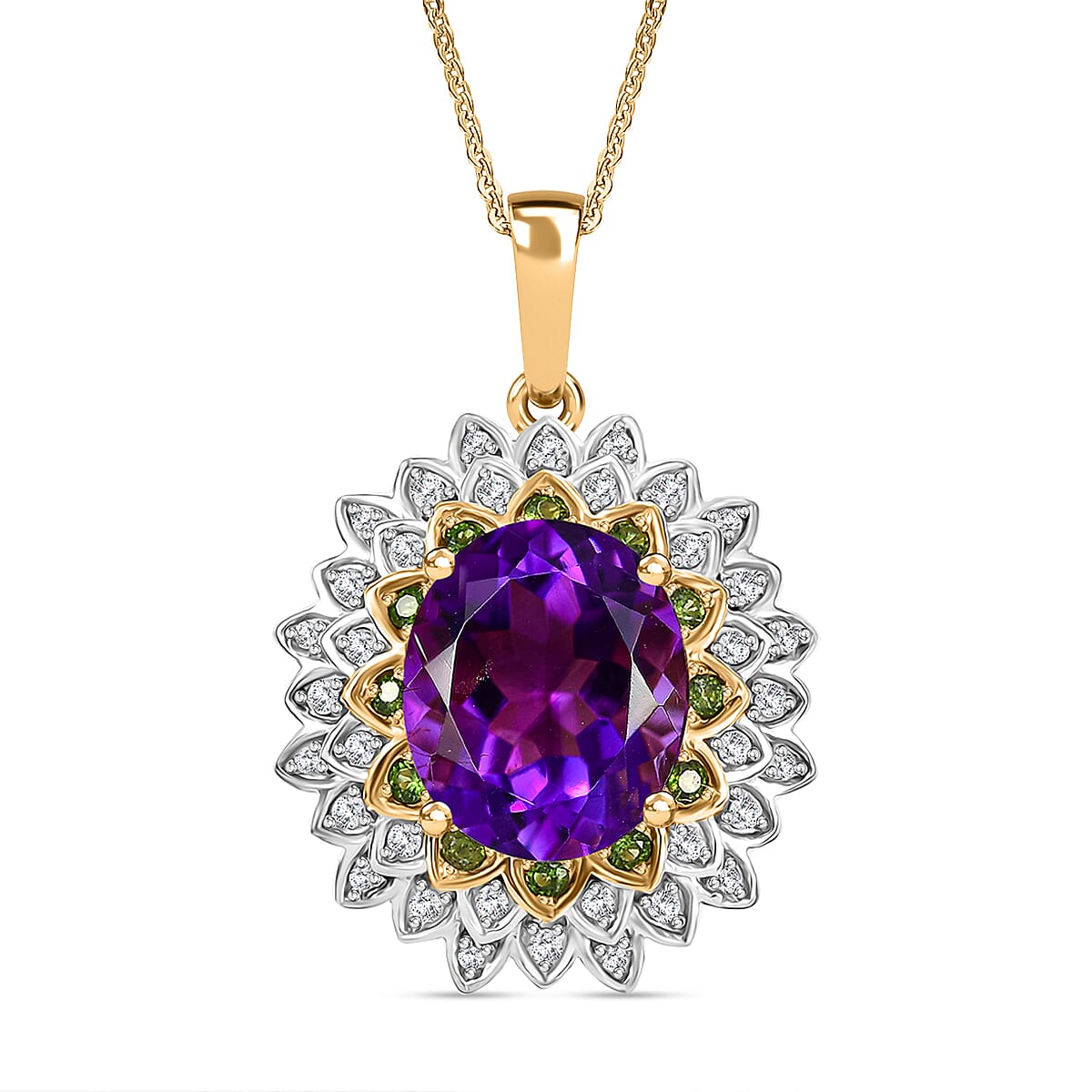 Moroccan Amethyst, Natural Chrome Diopside, White Zircon Floral Pendant with Chain (Size 20) in 18K Yellow Gold Vermeil Plated Sterling Silver 4322556 0