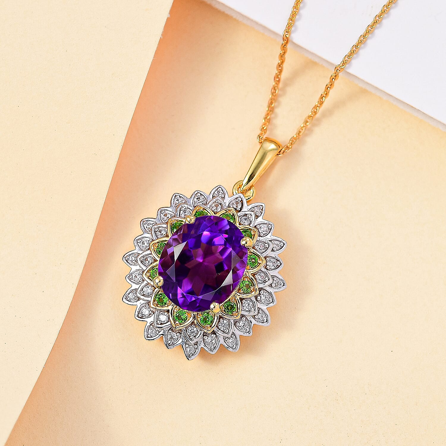 Moroccan Amethyst, Natural Chrome Diopside, White Zircon Floral Pendant with Chain (Size 20) in 18K Yellow Gold Vermeil Plated Sterling Silver 4322556 2