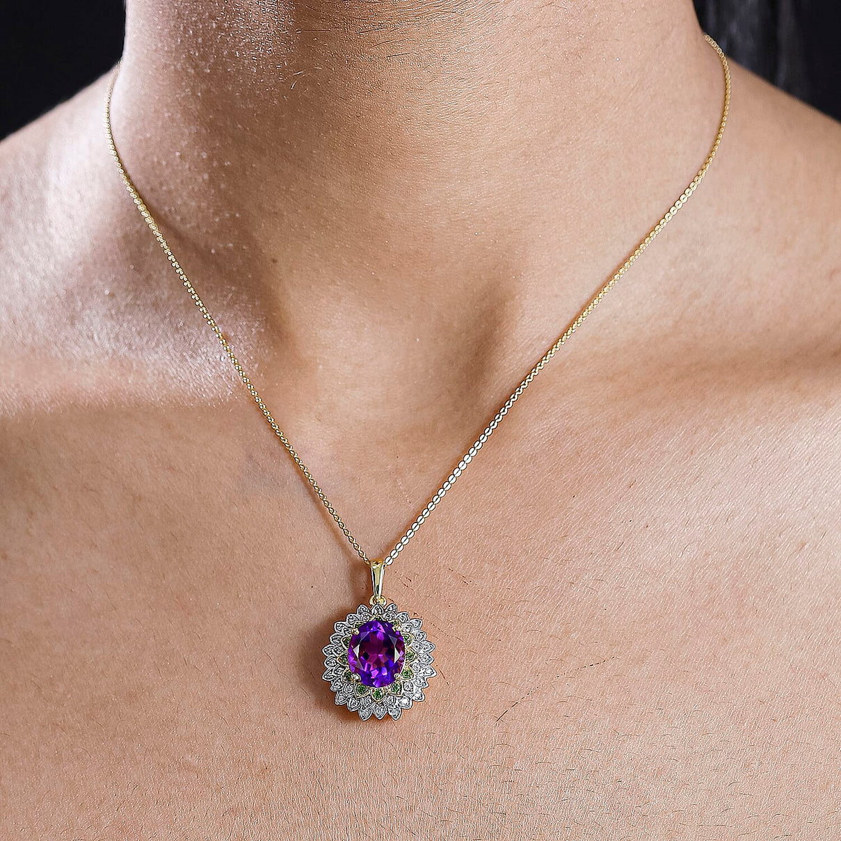 Moroccan Amethyst, Natural Chrome Diopside, White Zircon Floral Pendant with Chain (Size 20) in 18K Yellow Gold Vermeil Plated Sterling Silver 4322556 3