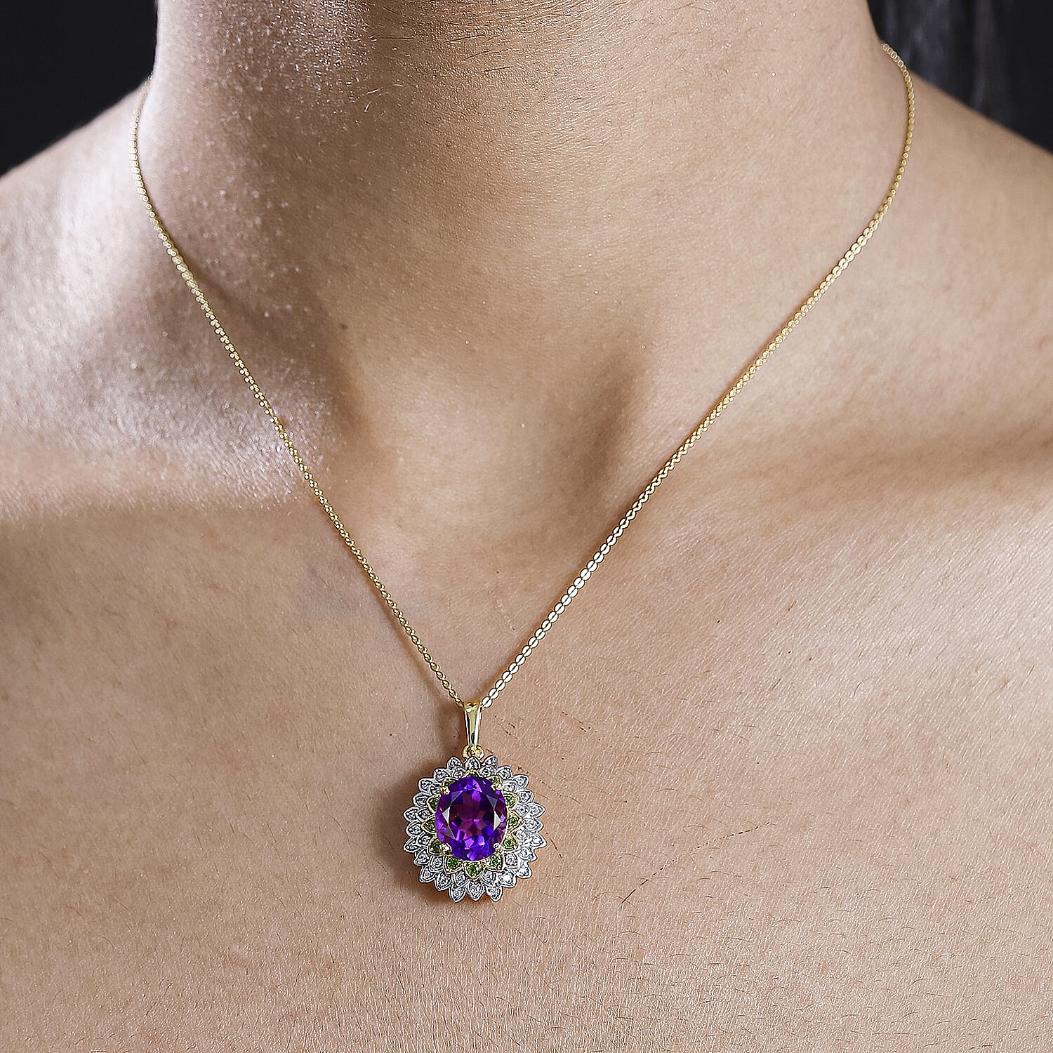 Moroccan Amethyst, Natural Chrome Diopside, White Zircon Floral Pendant with Chain (Size 20) in 18K Yellow Gold Vermeil Plated Sterling Silver 4322556 3