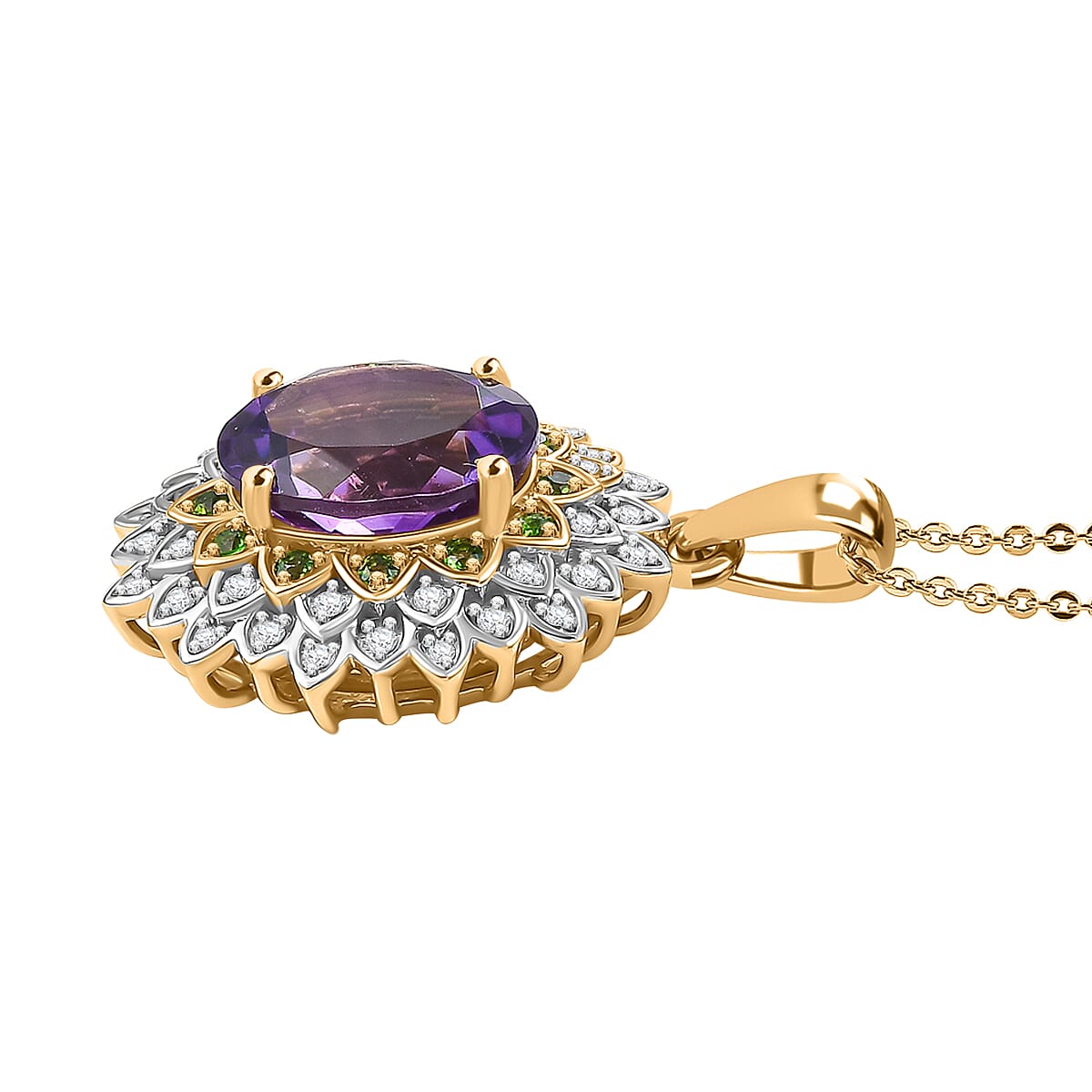 Moroccan Amethyst, Natural Chrome Diopside, White Zircon Floral Pendant with Chain (Size 20) in 18K Yellow Gold Vermeil Plated Sterling Silver 4322556 4