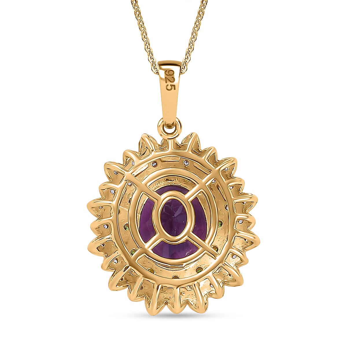 Moroccan Amethyst, Natural Chrome Diopside, White Zircon Floral Pendant with Chain (Size 20) in 18K Yellow Gold Vermeil Plated Sterling Silver 4322556 5
