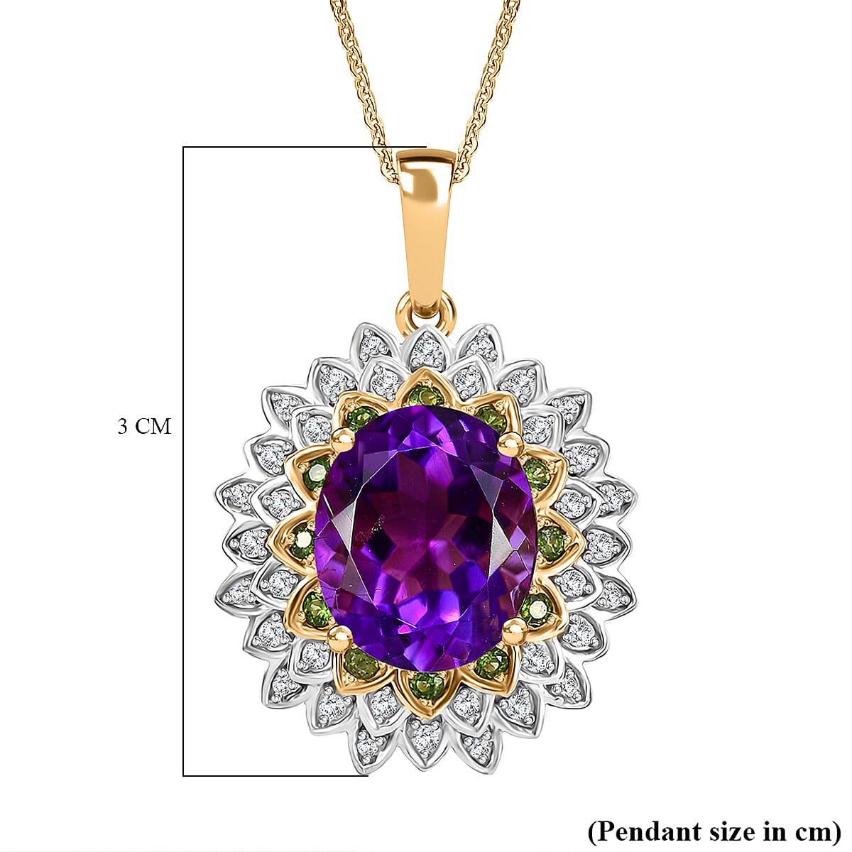 Moroccan Amethyst, Natural Chrome Diopside, White Zircon Floral Pendant with Chain (Size 20) in 18K Yellow Gold Vermeil Plated Sterling Silver 4322556 7