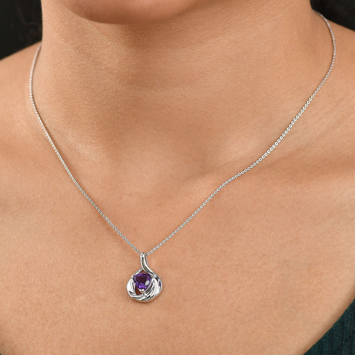Natural Moroccan Amethyst Elegant Twist Pendant with Chain (Size 20) in Rhodium Overlay Sterling Silver 1.20 Ct. 4389009 2