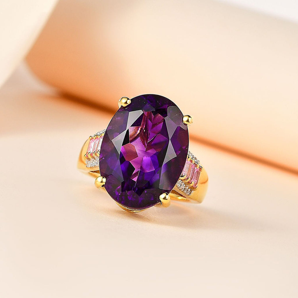 Large Size -  Premium Natural Morrocan Amethyst (OV 18X13mm, 12.50 Cts) with Pink Sapphire and Moissanite Ring in 18K Gold Vermeil  Sterling Silver 13.11 Ct
