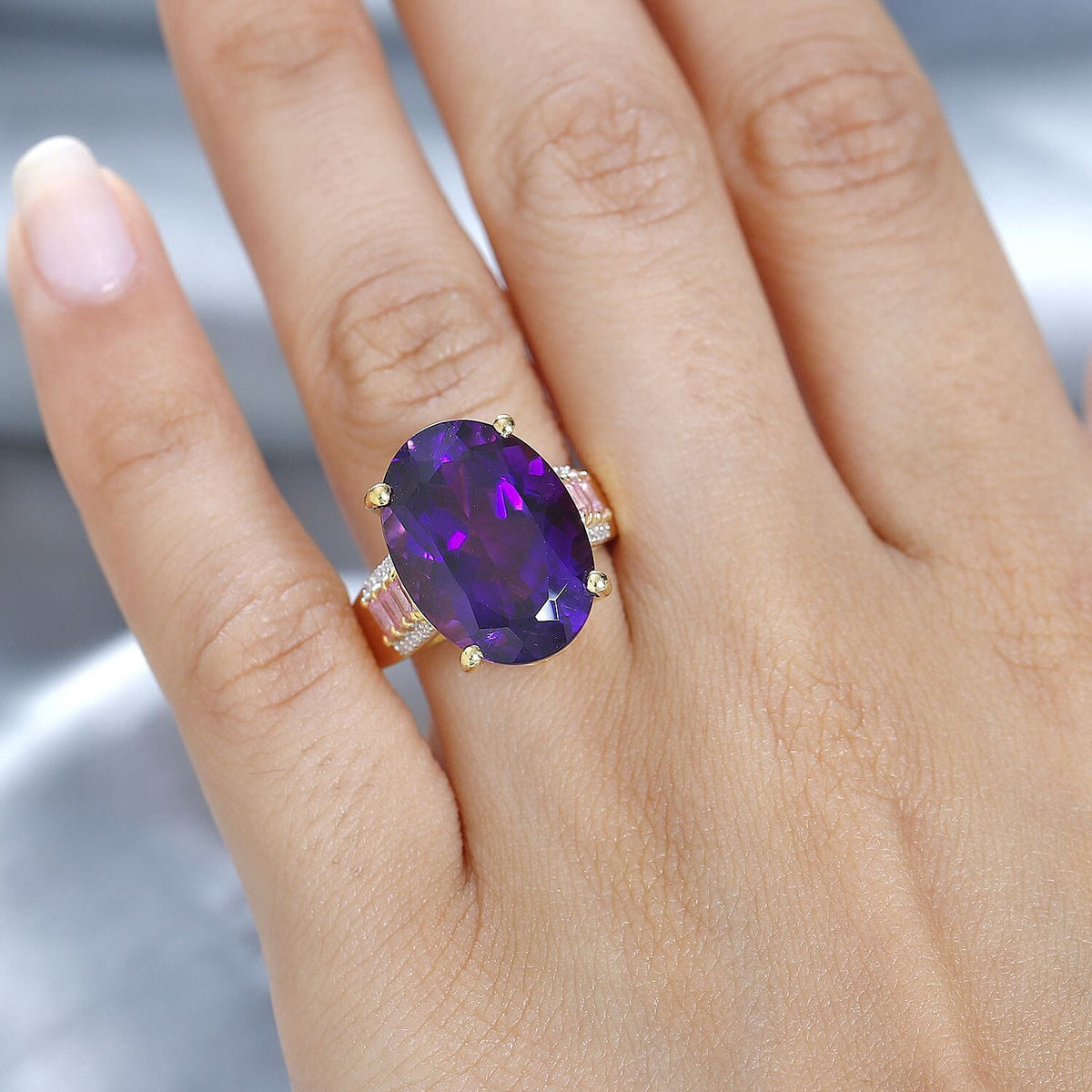 Premium Natural Morrocan Amethyst with Pink Sapphire and Moissanite Solitaire Ring in 18K Gold Vermeil Sterling Silver 7742335 2