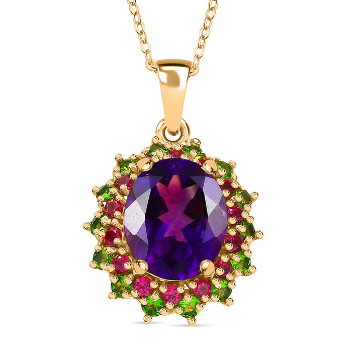 Moroccan Amethyst,  Rhodolite Garnet,  Natural Chrome Diopside Pendant with Chain (Size 20) in 18K YG Vermeil Sterling Silver 1.06 ct  Silver Wt. 5.17 Gms  4.710  Ct. 4379267 1