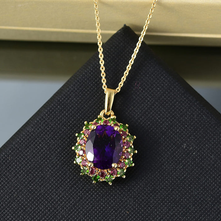 Moroccan Amethyst,  Rhodolite Garnet,  Natural Chrome Diopside Pendant with Chain (Size 20) in 18K YG Vermeil Sterling Silver 1.06 ct  Silver Wt. 5.17 Gms  4.710  Ct. 4379267 2