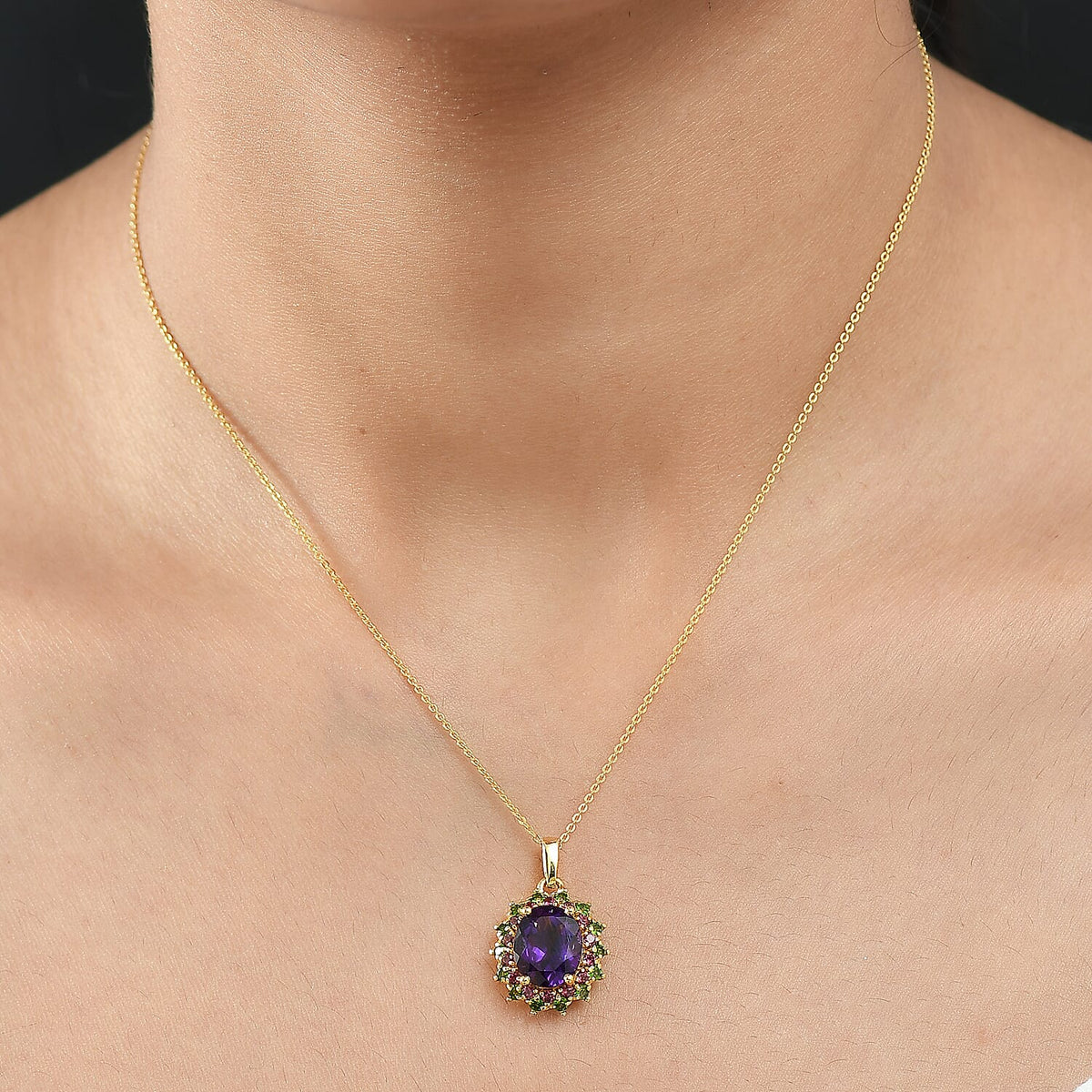 Moroccan Amethyst,  Rhodolite Garnet,  Natural Chrome Diopside Pendant with Chain (Size 20) in 18K YG Vermeil Sterling Silver 1.06 ct  Silver Wt. 5.17 Gms  4.710  Ct. V32578020 3