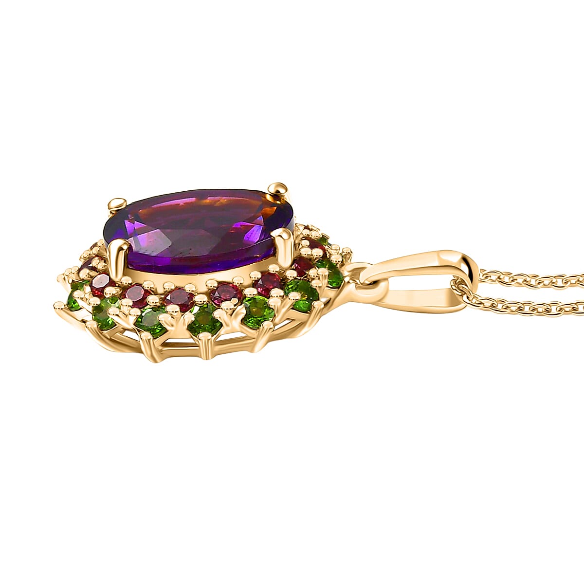 Moroccan Amethyst,  Rhodolite Garnet,  Natural Chrome Diopside Pendant with Chain (Size 20) in 18K YG Vermeil Sterling Silver 1.06 ct  Silver Wt. 5.17 Gms  4.710  Ct. V32578020 4