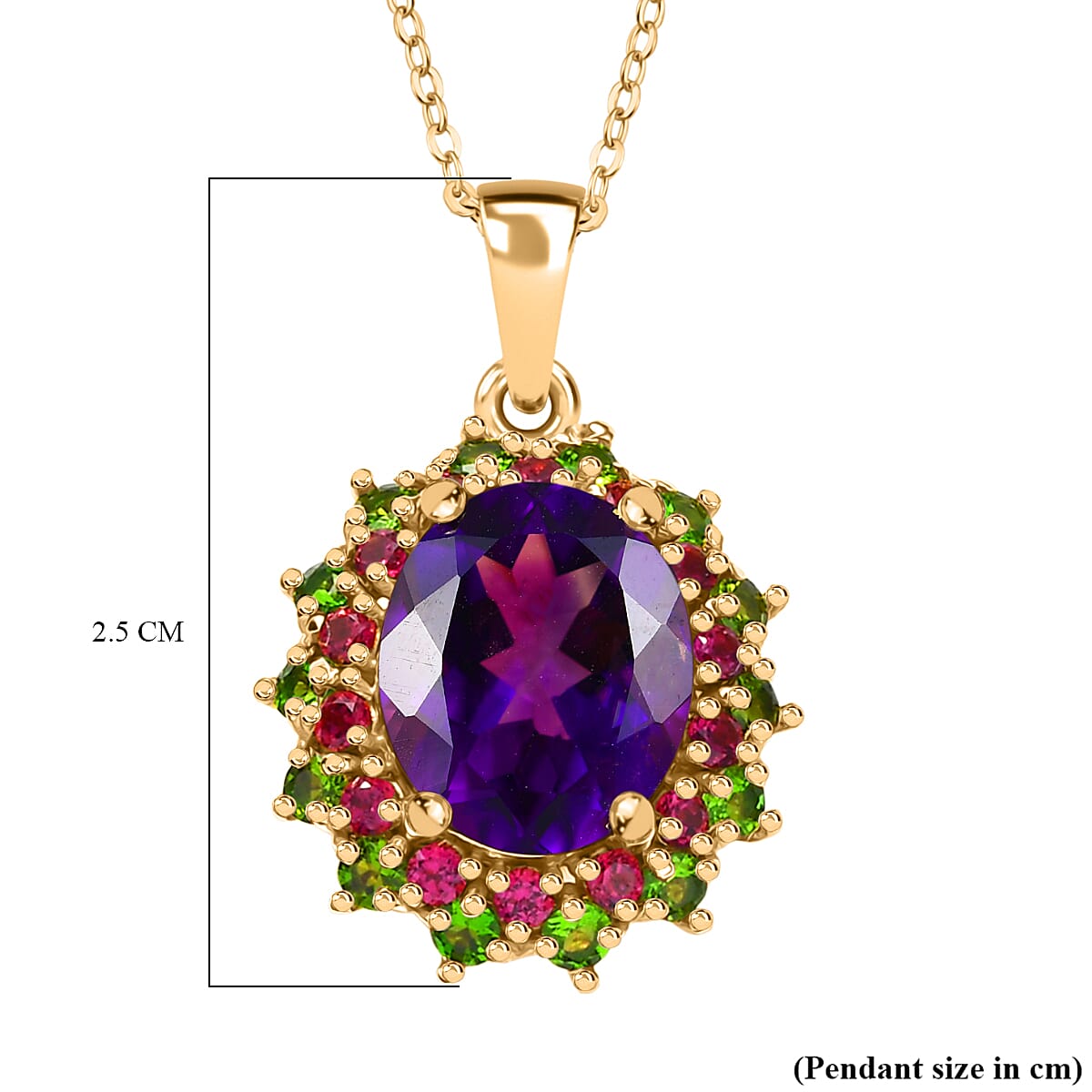 Moroccan Amethyst,  Rhodolite Garnet,  Natural Chrome Diopside Pendant with Chain (Size 20) in 18K YG Vermeil Sterling Silver 1.06 ct  Silver Wt. 5.17 Gms  4.710  Ct. V32578020 6
