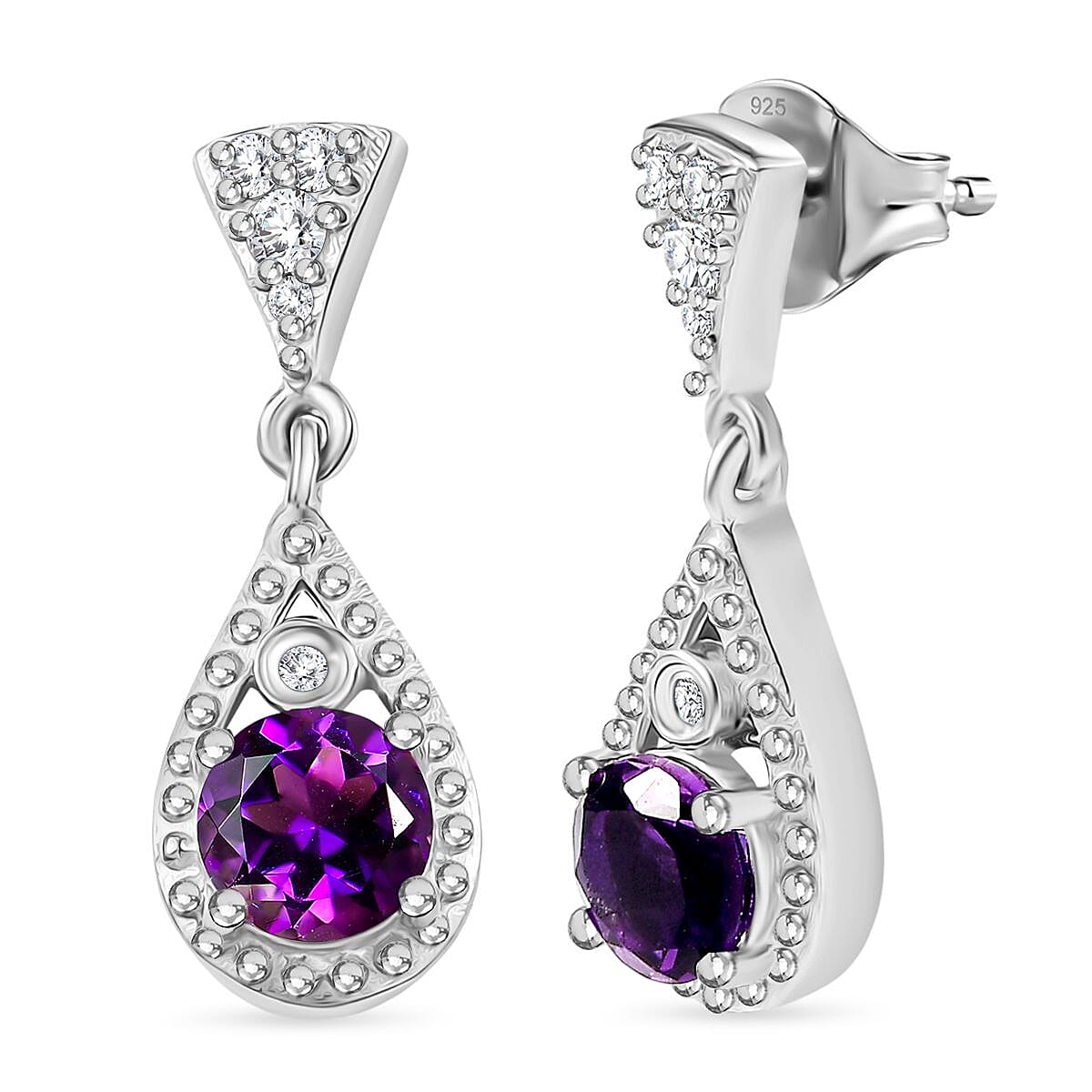 Moroccan Amethyst &amp; White Zircon Teardrop Blossom Dangling Earring with Push Back in Rhodium Overlay Sterling Silver 1.15 Ct. 8167483 0