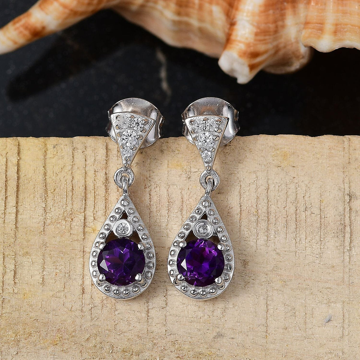 Moroccan Amethyst &amp; White Zircon Teardrop Blossom Dangling Earring with Push Back in Rhodium Overlay Sterling Silver 1.15 Ct. 8167483 2