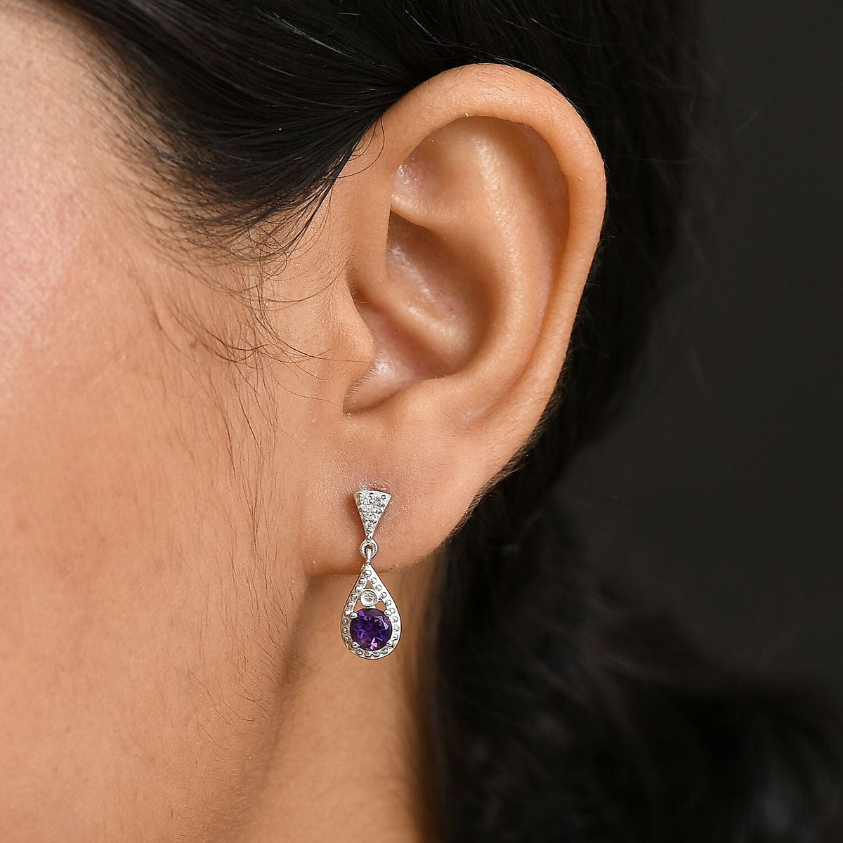 Moroccan Amethyst &amp; White Zircon Teardrop Blossom Dangling Earring with Push Back in Rhodium Overlay Sterling Silver 1.15 Ct. 8167483 3