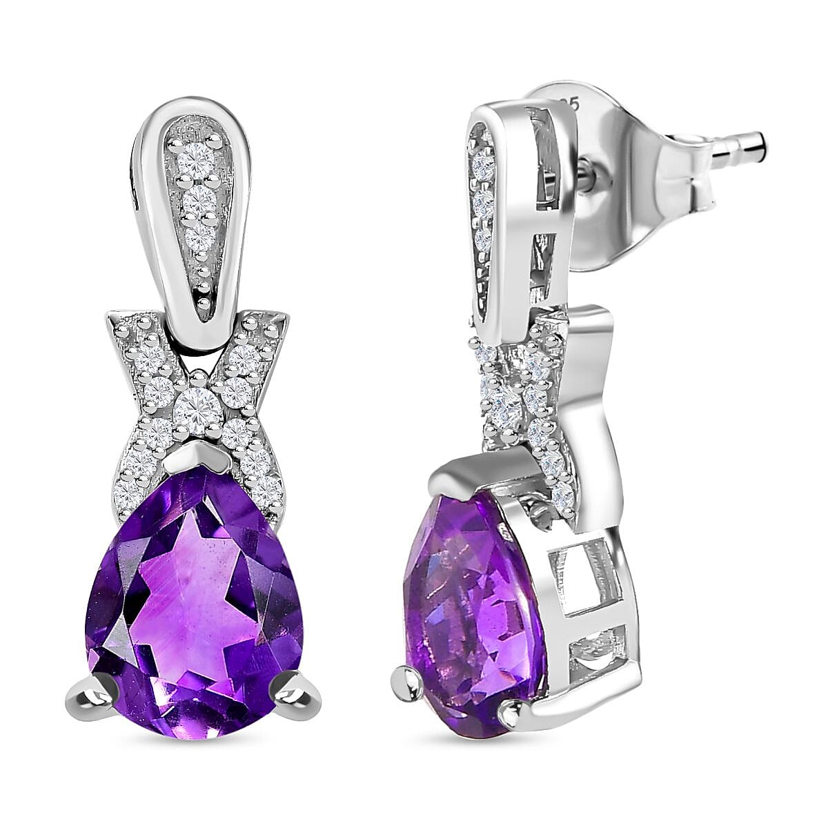 Moroccan Amethyst and Natural Zircon Drop Earrings in Rhodium Overlay Sterling Silver 3.35 Ct 7807620 0