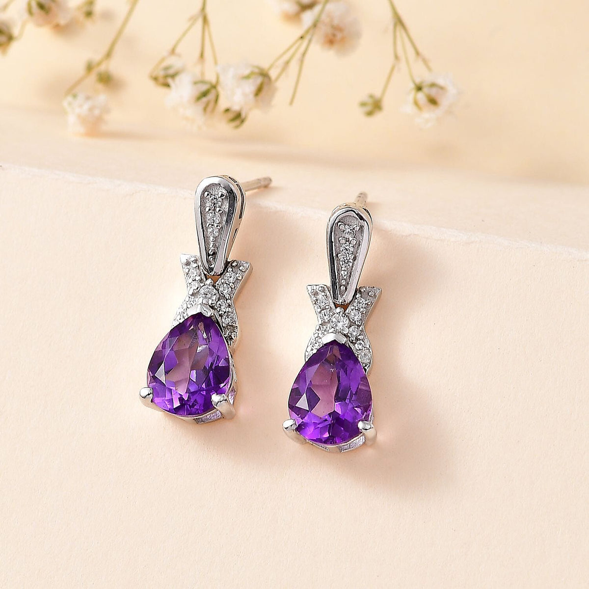 Moroccan Amethyst and Natural Zircon Drop Earrings in Rhodium Overlay Sterling Silver 3.35 Ct 7807620 2