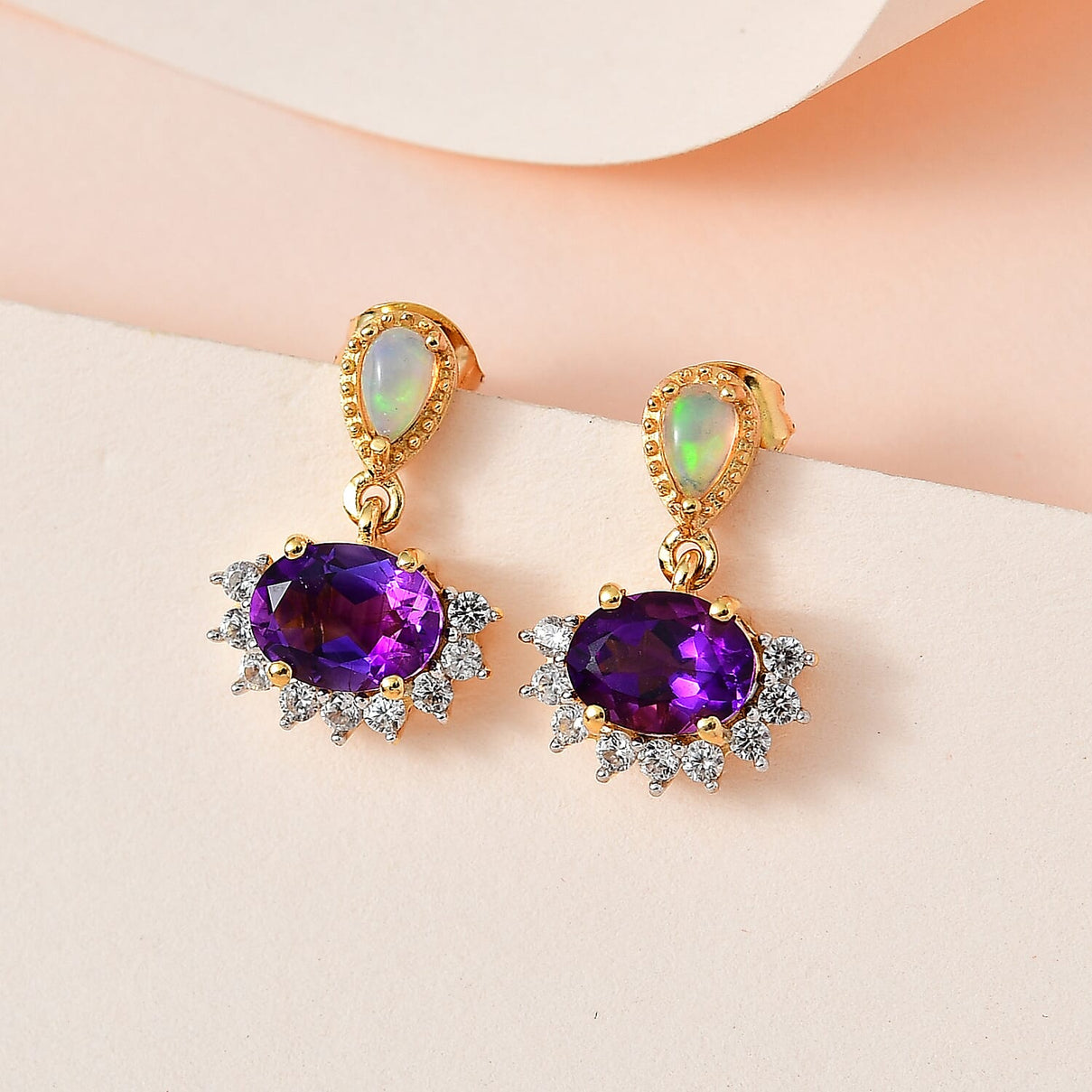 Moroccan Amethyst, Natural Zircon &amp; Ethiopian Welo Opal Earrings in 18K Yellow Gold Vermeil Plated Sterling Silver 3.18 Ct. 7693091 1