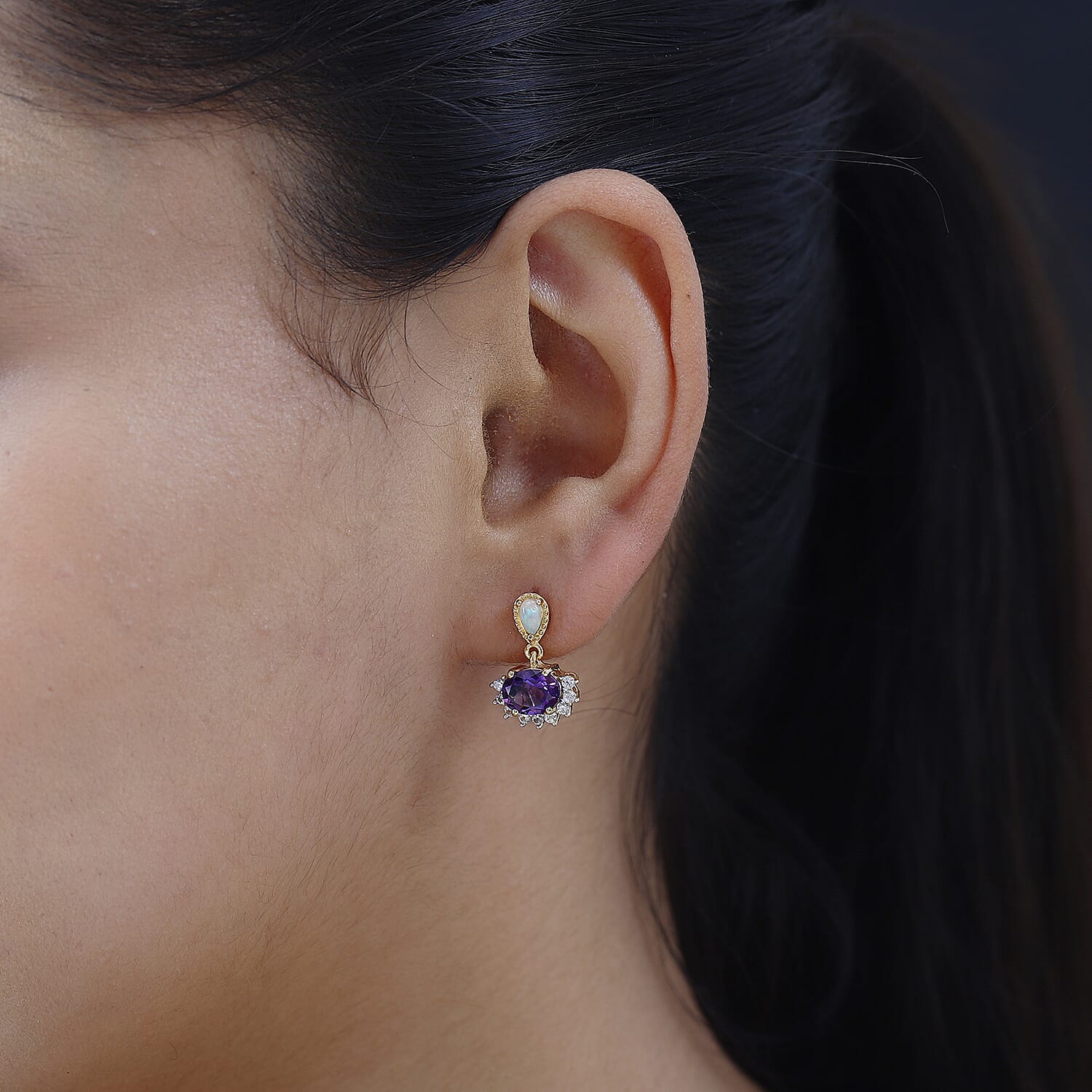 Moroccan Amethyst, Natural Zircon &amp; Ethiopian Welo Opal Earrings in 18K Yellow Gold Vermeil Plated Sterling Silver 3.18 Ct. 7693091 2