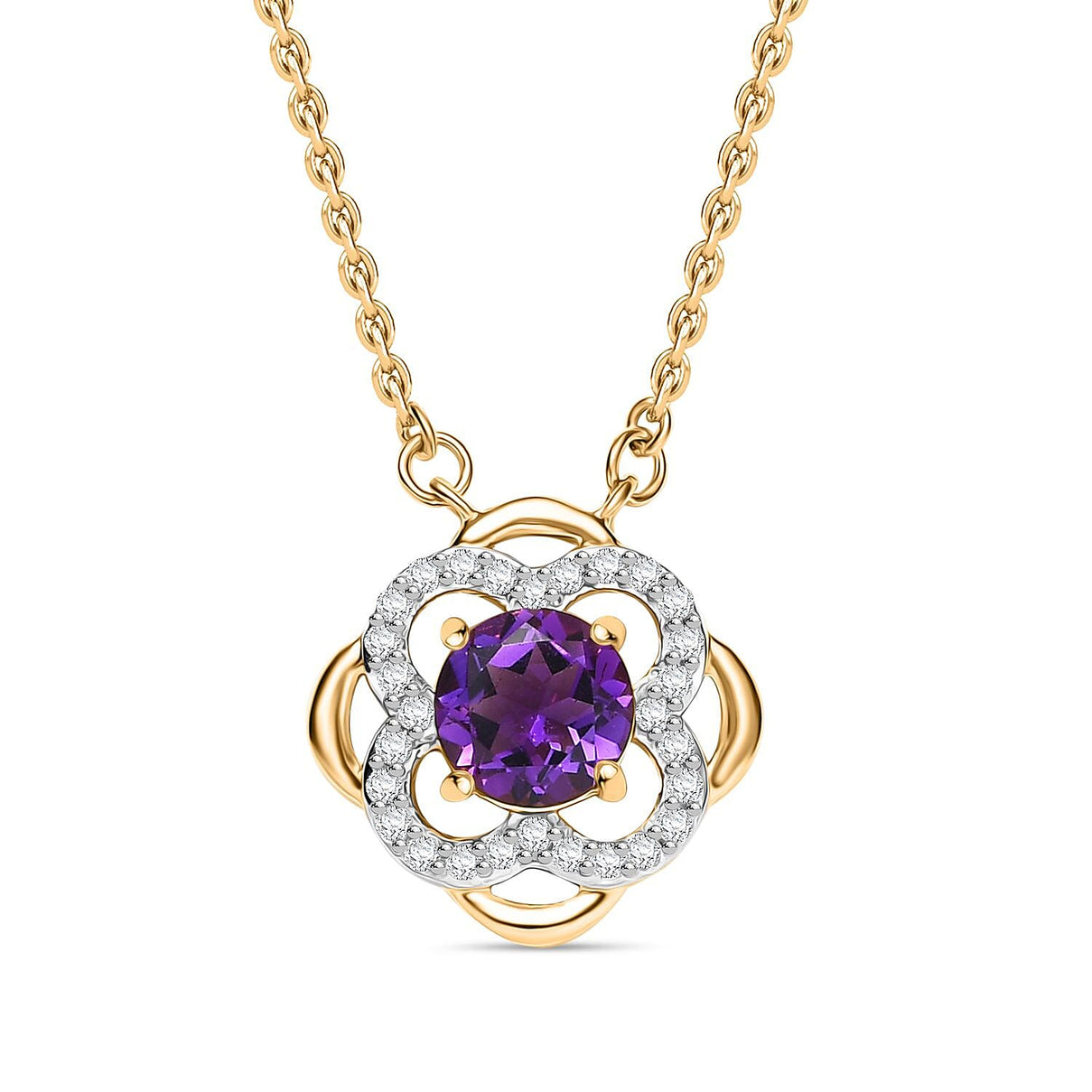 Natural Moroccan Amethyst &amp; White Zircon Blooming Elegance  Necklace (Size - 20) in 18K Vermeil Yellow Gold Plated Sterling Silver 1.08 Ct. 8165045 0