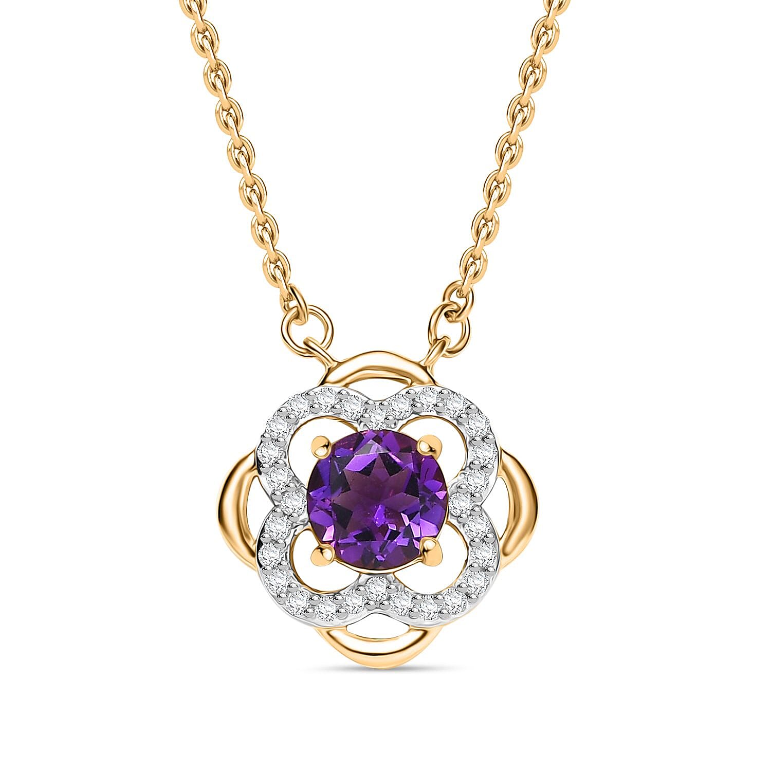 Natural Moroccan Amethyst &amp; White Zircon Blooming Elegance  Necklace (Size - 20) in 18K Vermeil Yellow Gold Plated Sterling Silver 1.08 Ct. 8165045 0