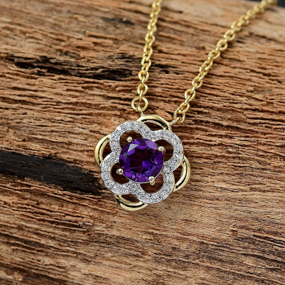 Natural Moroccan Amethyst &amp; White Zircon Blooming Elegance  Necklace (Size - 20) in 18K Vermeil Yellow Gold Plated Sterling Silver 1.08 Ct. 8165045 2