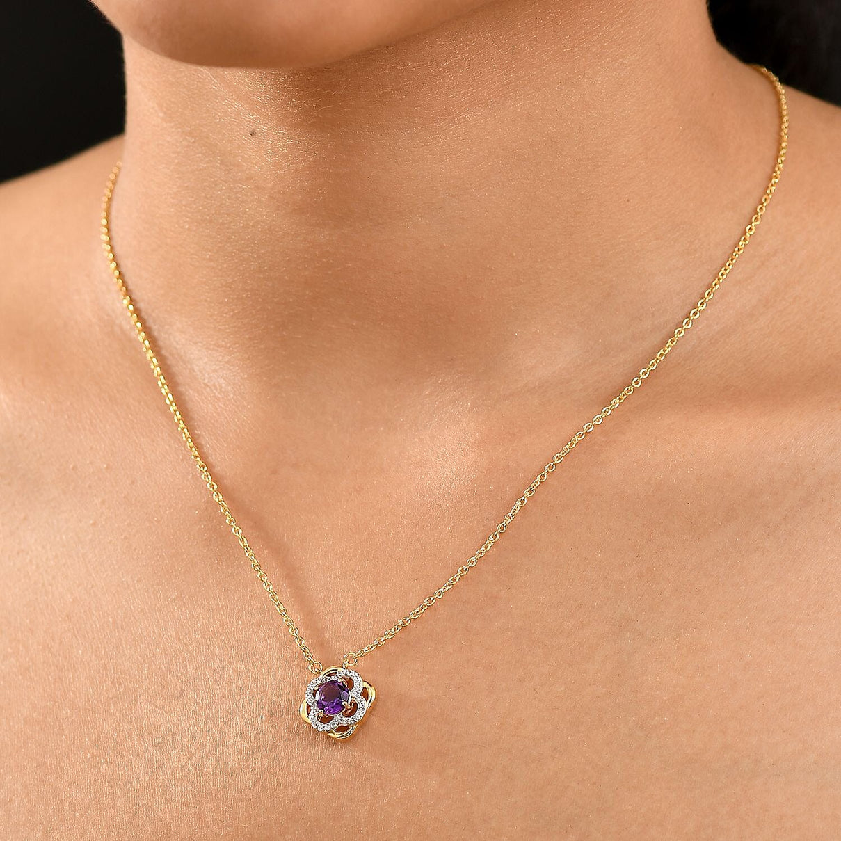 Natural Moroccan Amethyst &amp; White Zircon Blooming Elegance  Necklace (Size - 20) in 18K Vermeil Yellow Gold Plated Sterling Silver 1.08 Ct. 8165045 3