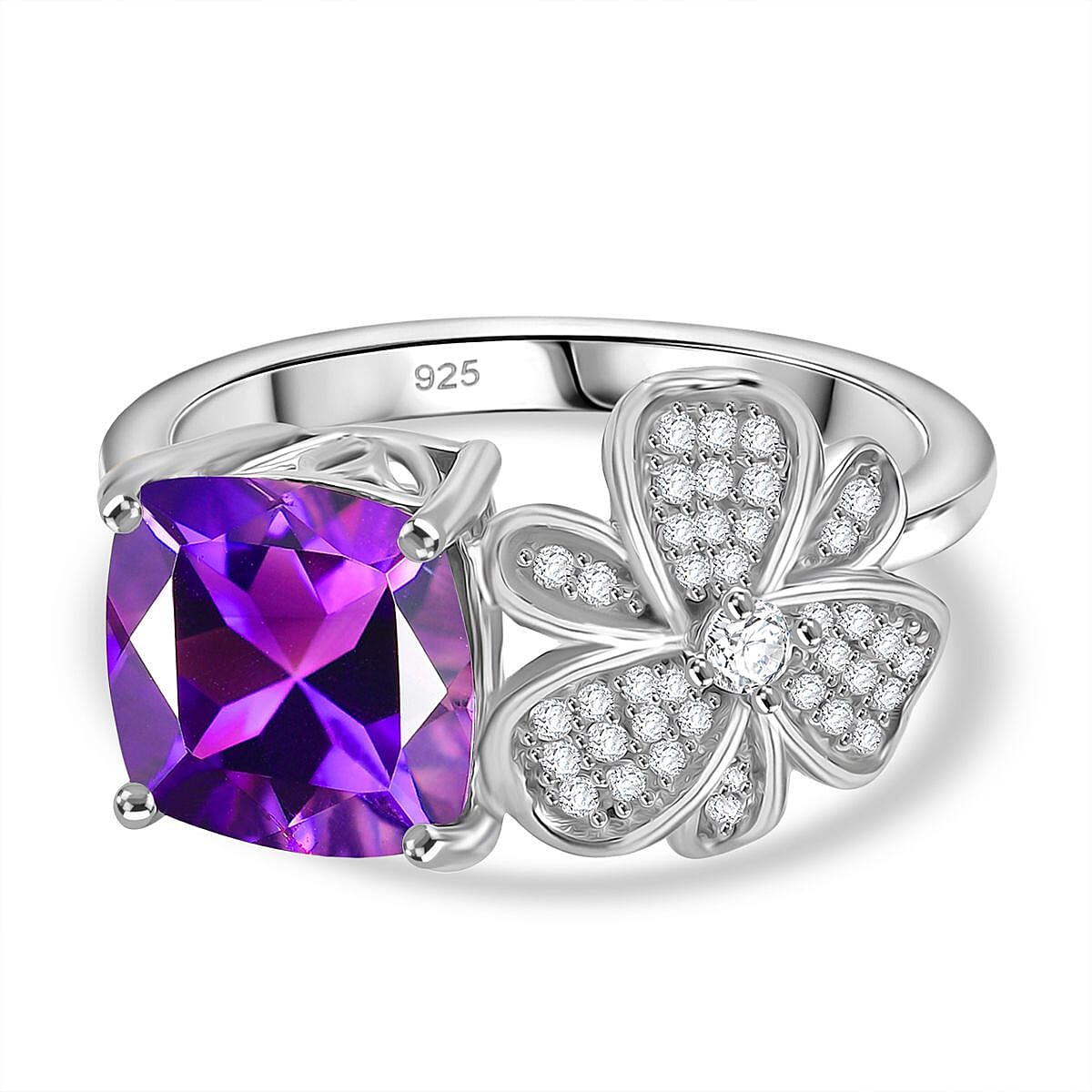Natural Moroccan Amethyst, White Zircon Blossom Ring in Rhodium Overlay Sterling Silver 2.55 Ct. 8165105 0