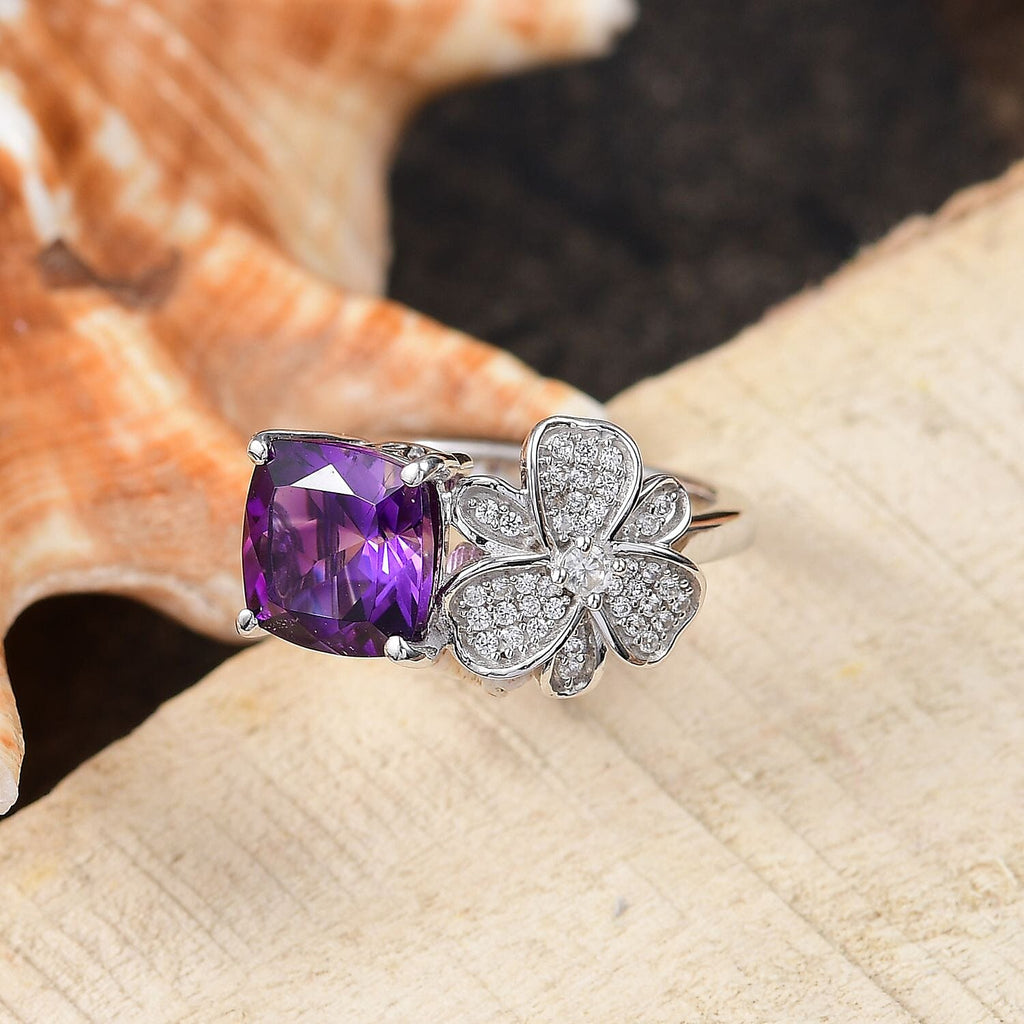 Natural Moroccan Amethyst & White Zircon Blossom Ring in Rhodium Overlay Sterling Silver 2.55 Ct.