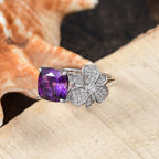 Natural Moroccan Amethyst & White Zircon Blossom Ring in Rhodium Overlay Sterling Silver 2.55 Ct.