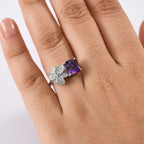 Natural Moroccan Amethyst & White Zircon Blossom Ring in Rhodium Overlay Sterling Silver 2.55 Ct.